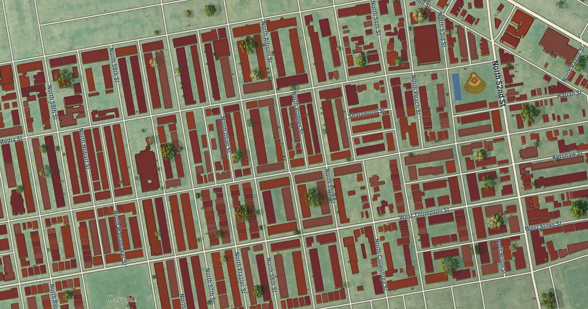 Close-up of streets and buildings in Carroll Park, Pennsylvania
