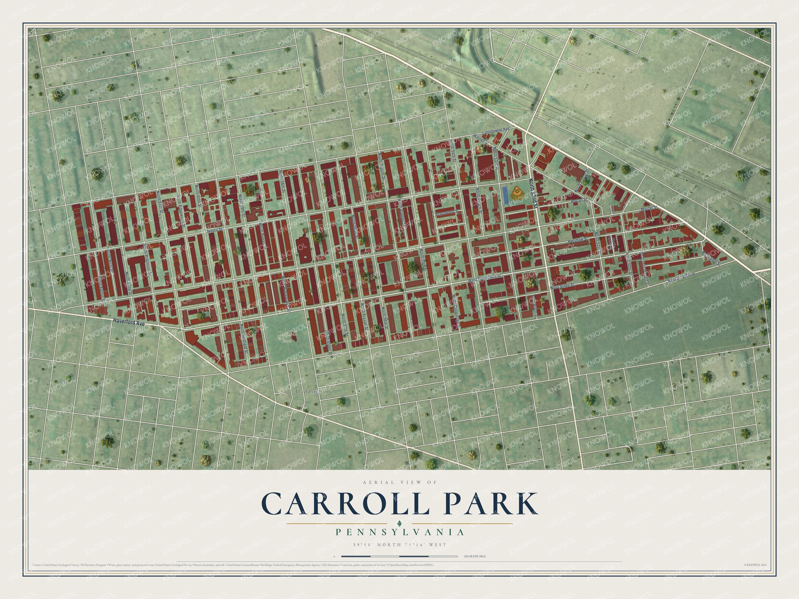 Full map of Carroll Park, Pennsylvania, with red buildings, printed street names and the land around them