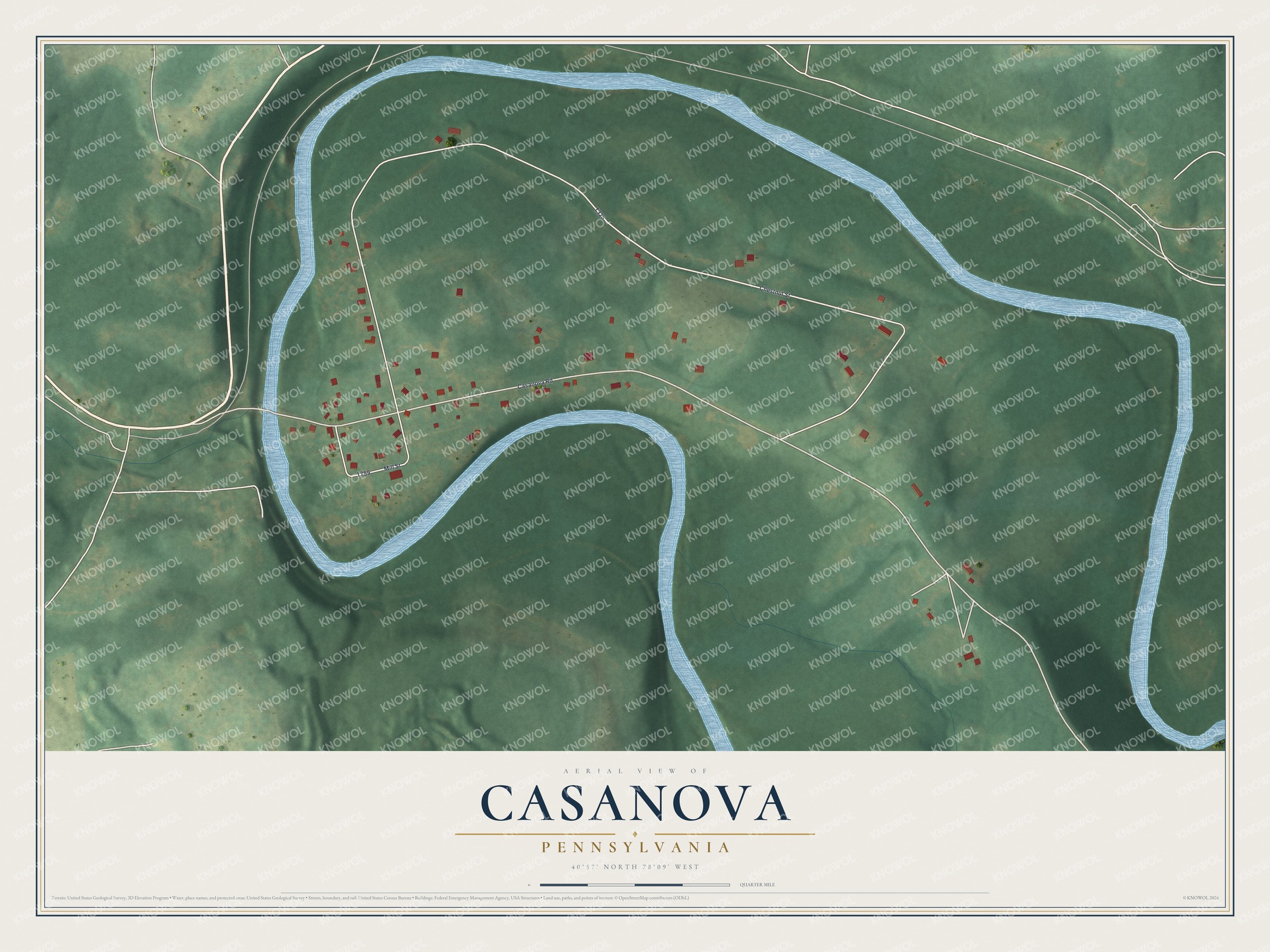 Full map of Casanova, Pennsylvania, with red buildings, printed street names and the land around them