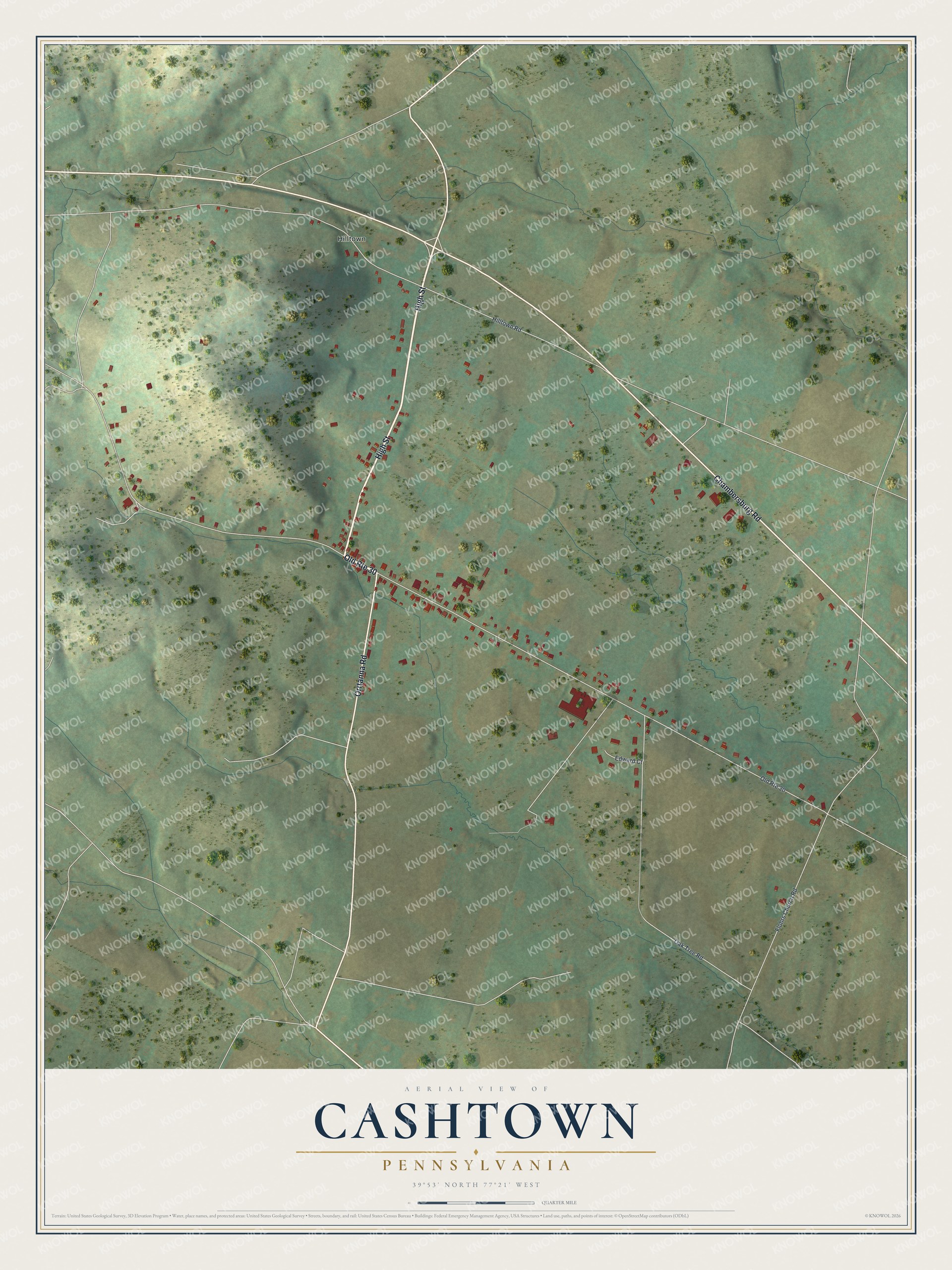 Full map of Cashtown, Pennsylvania, with red buildings, printed street names and the land around them