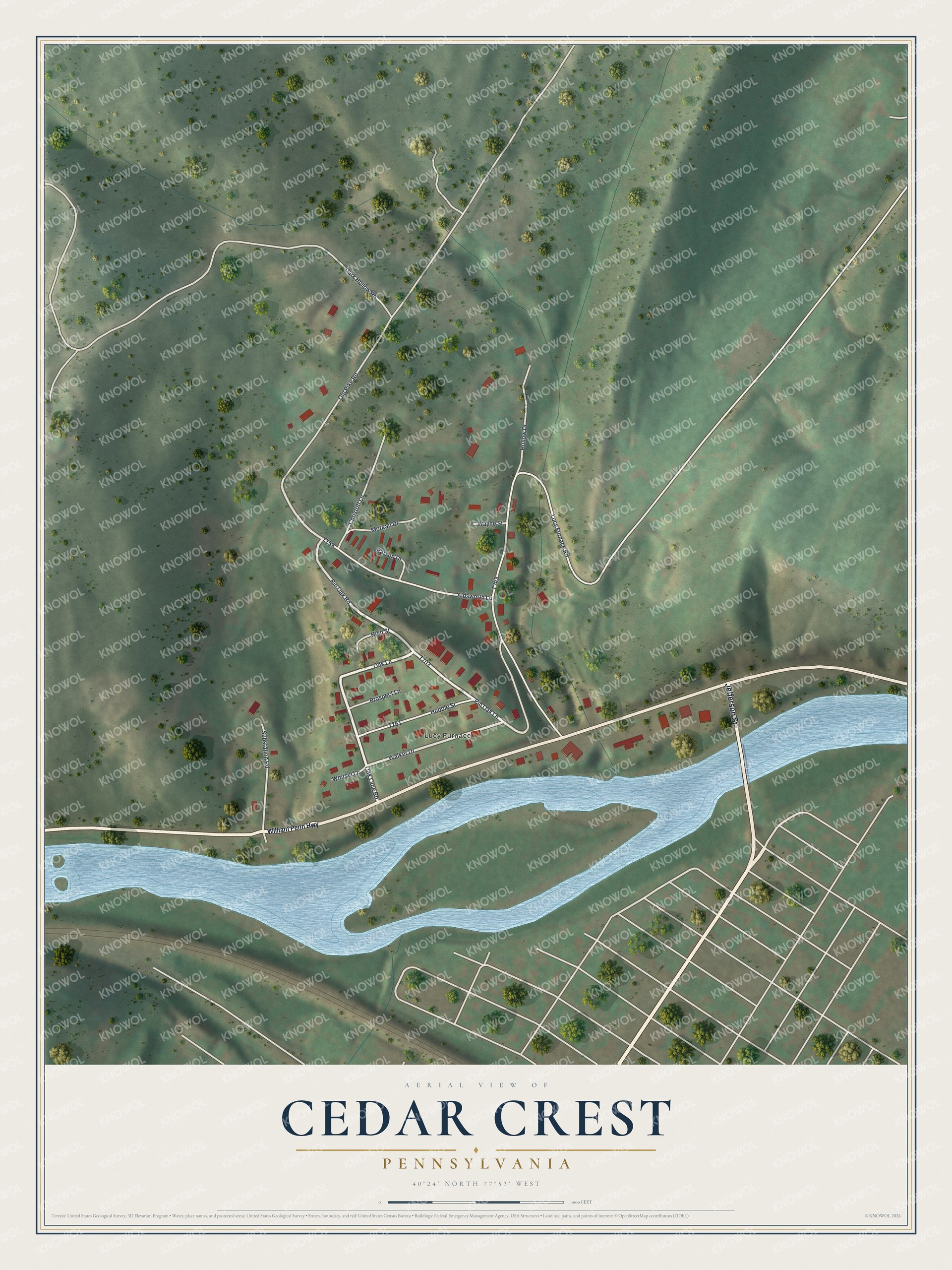 Full map of Cedar Crest, Pennsylvania, with red buildings, printed street names and the land around them