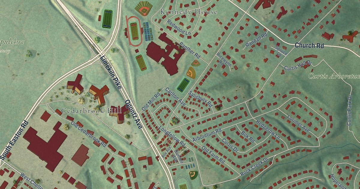 Close-up of streets and buildings in Cedarbrook, Pennsylvania
