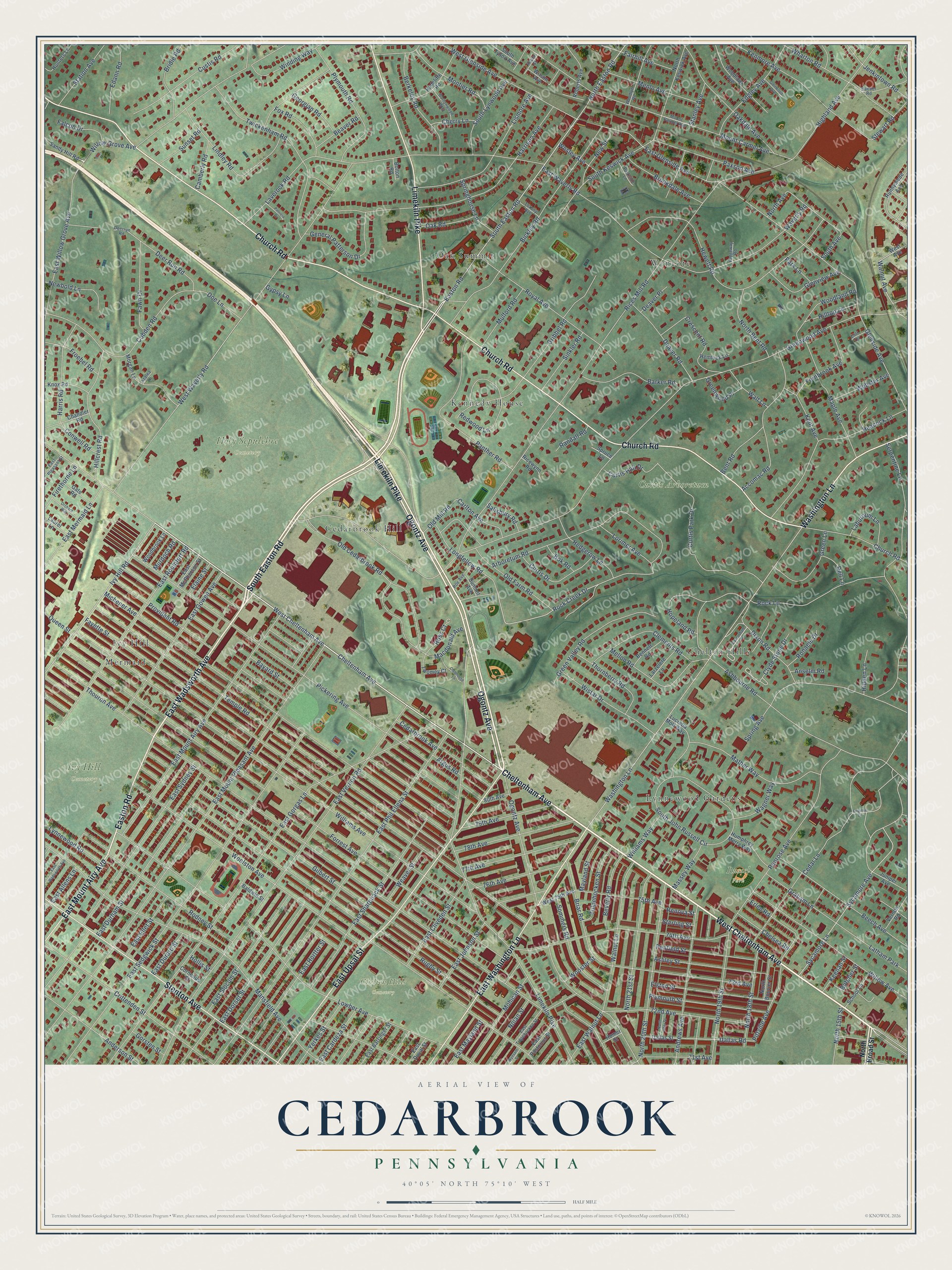Full map of Cedarbrook, Pennsylvania, with red buildings, printed street names and the land around them