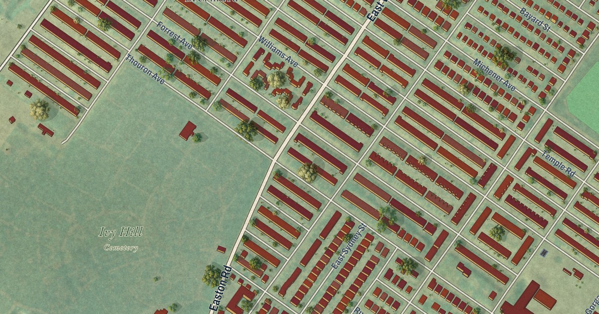 Close-up of streets and buildings in Cedarbrook, Philadelphia, Pennsylvania