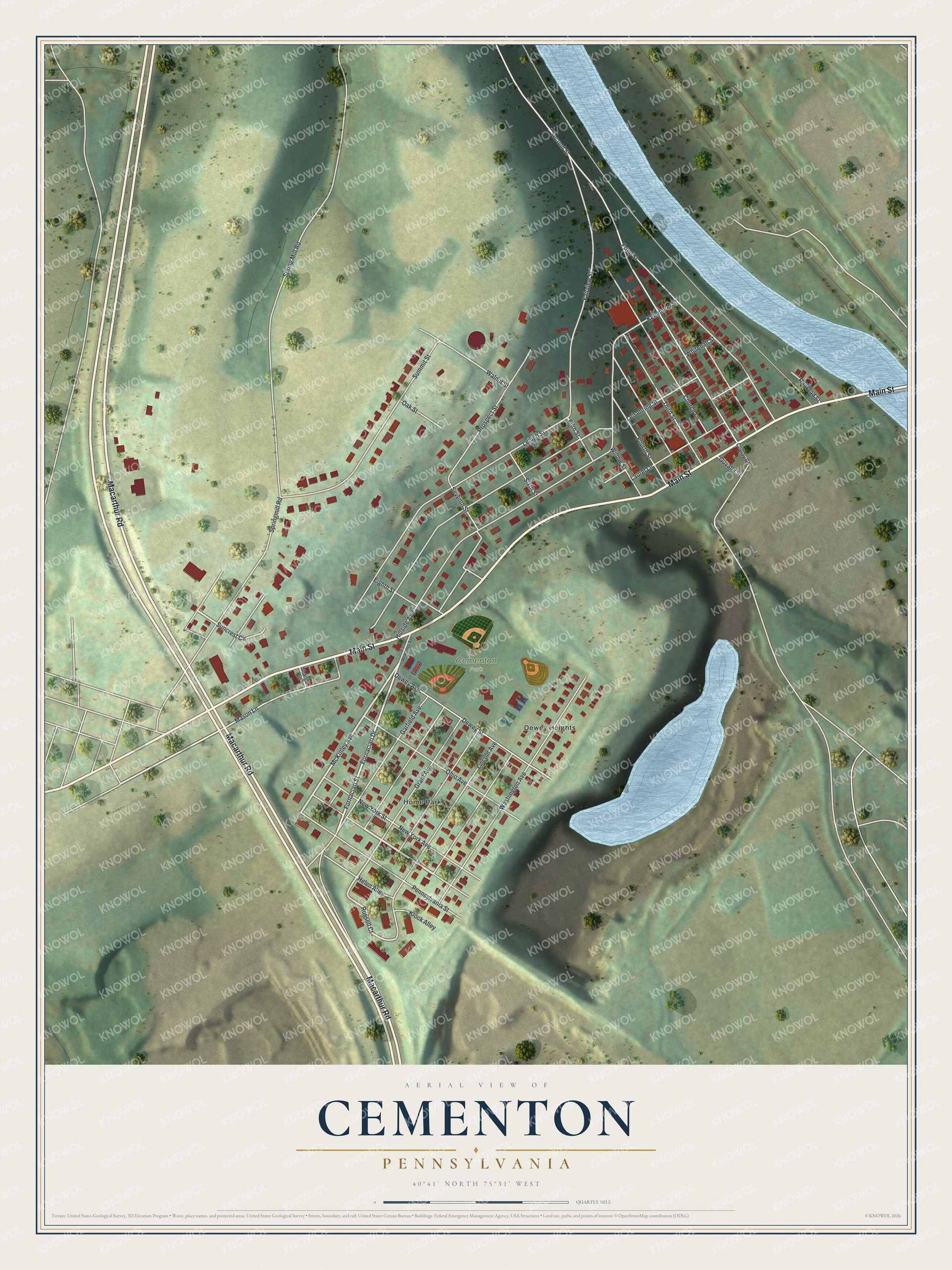 Full map of Cementon, Pennsylvania, with red buildings, printed street names and the land around them