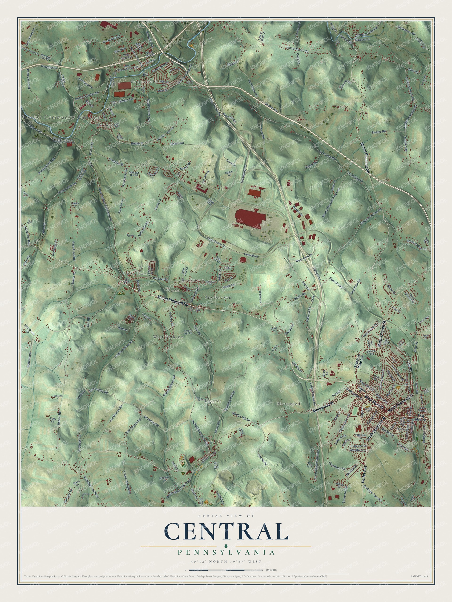 Full map of Central, Pennsylvania, with red buildings, printed street names and the land around them