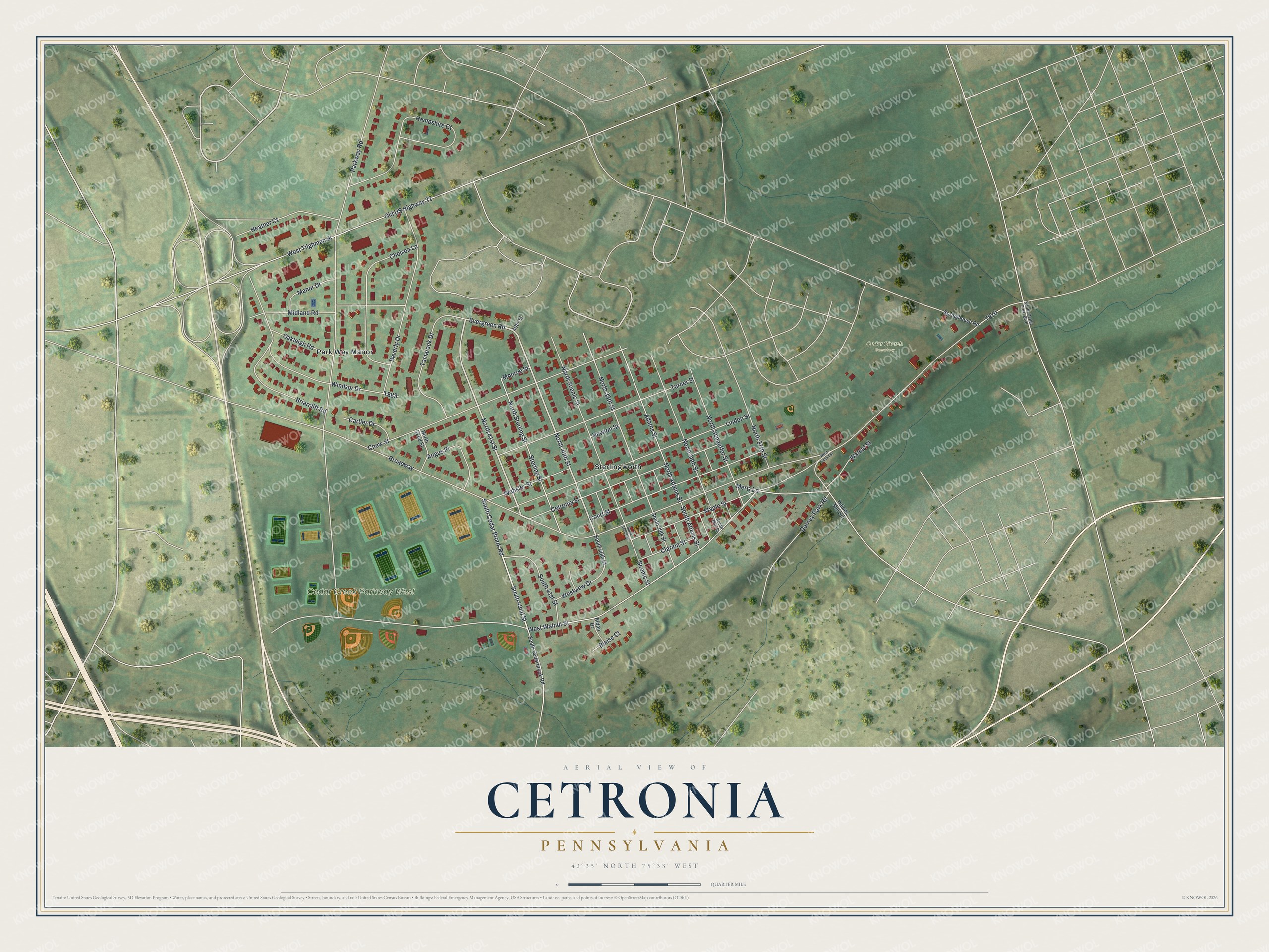 Full map of Cetronia, Pennsylvania, with red buildings, printed street names and the land around them