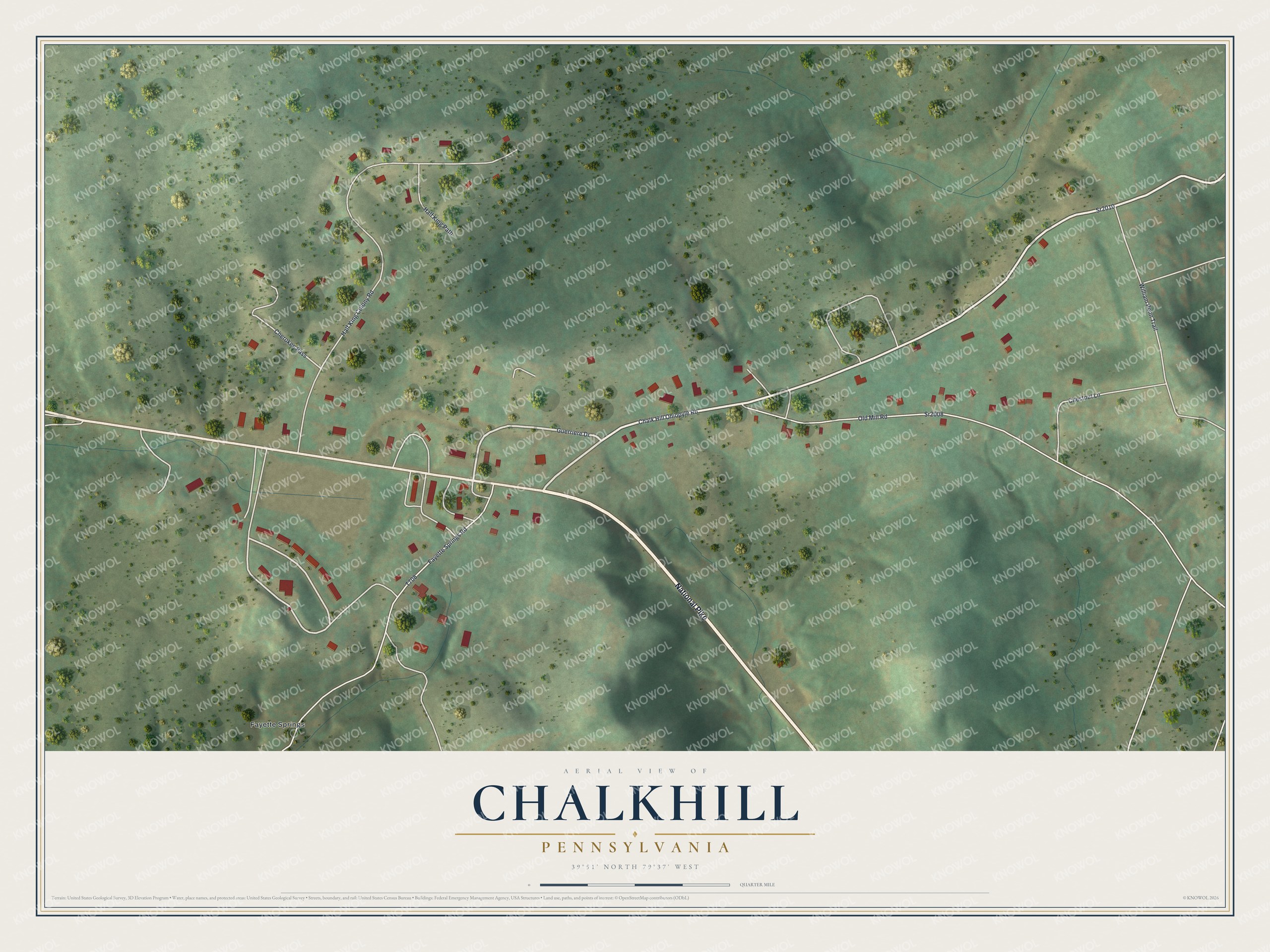 Full map of Chalkhill, Pennsylvania, with red buildings, printed street names and the land around them