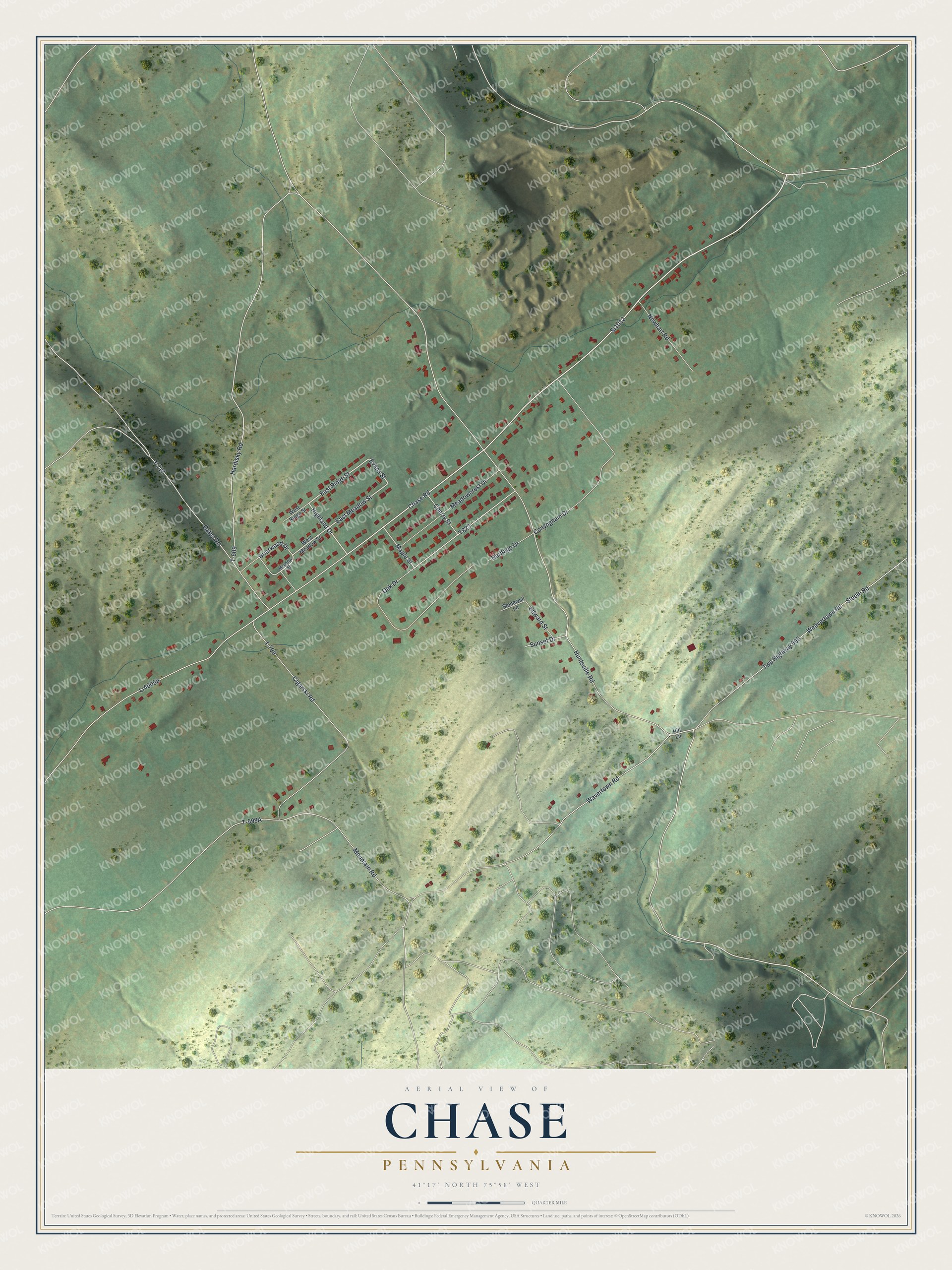 Full map of Chase, Pennsylvania, with red buildings, printed street names and the land around them