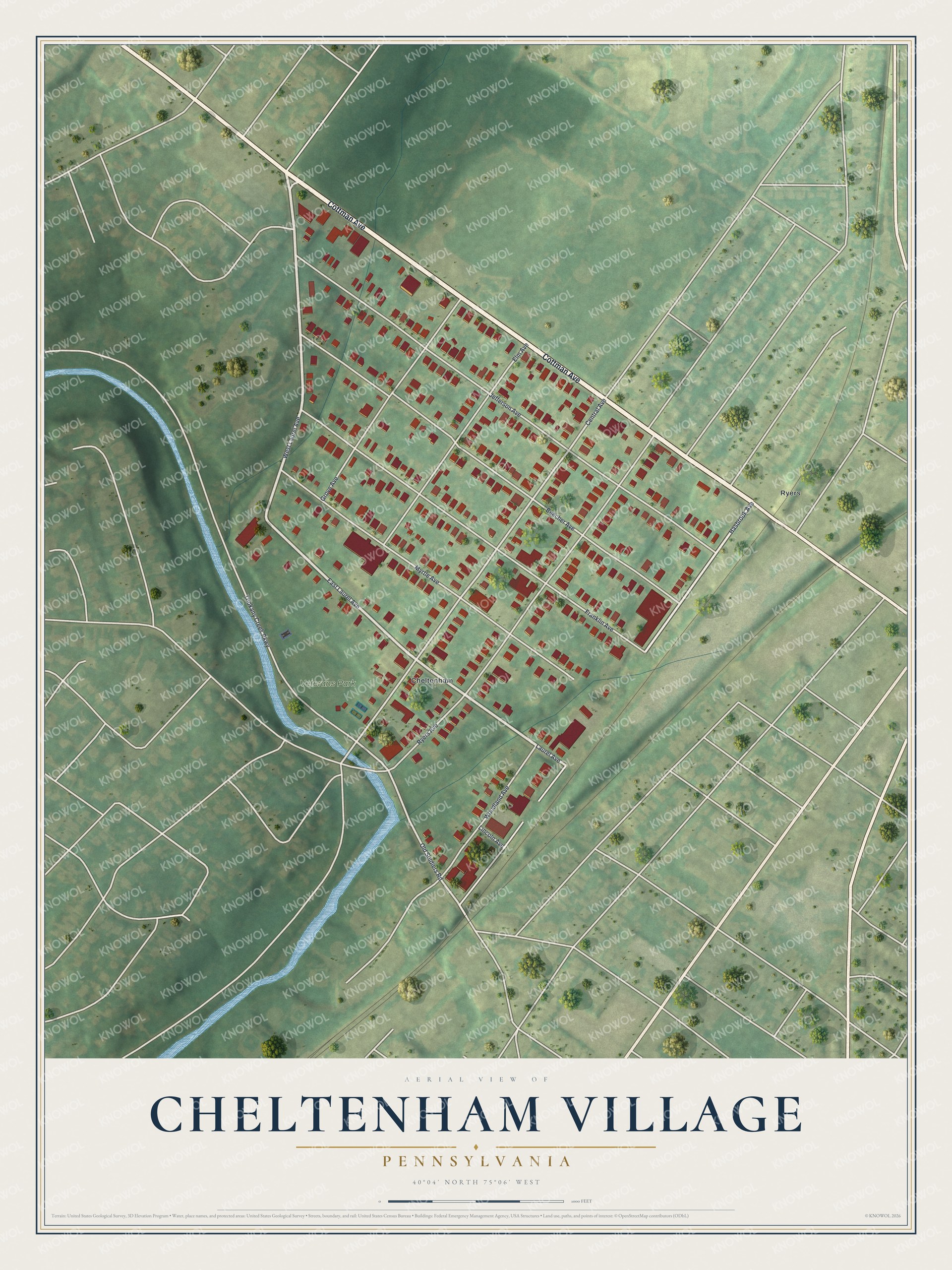 Full map of Cheltenham Village, Pennsylvania, with red buildings, printed street names and the land around them