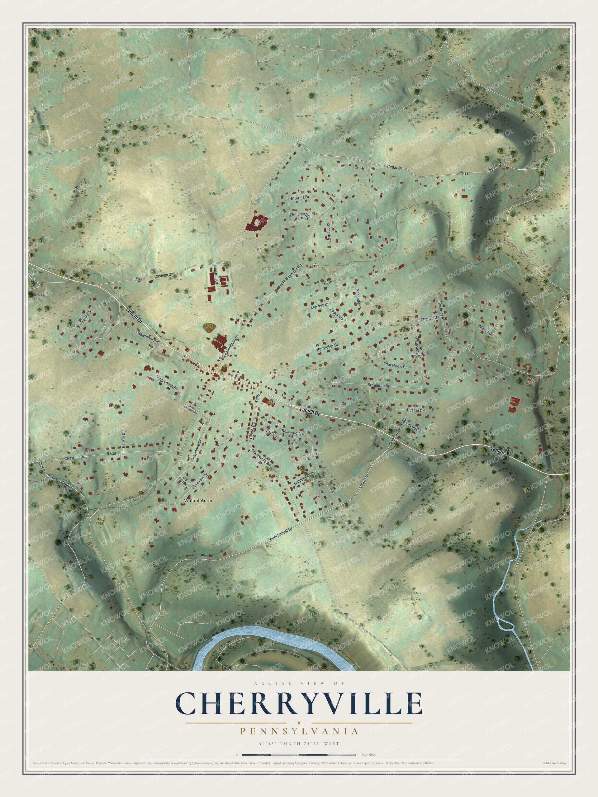 Full map of Cherryville, Pennsylvania, with red buildings, printed street names and the land around them