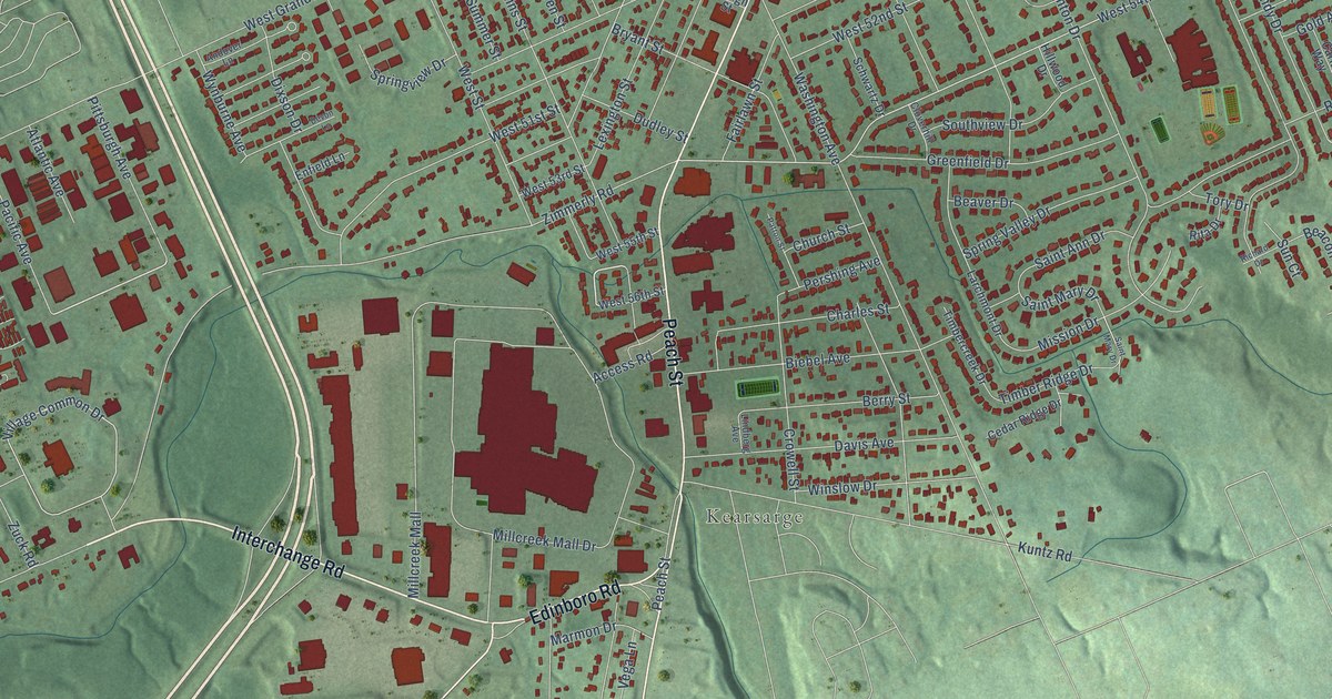Close-up of streets and buildings in Chestnut Hill, Erie County, Pennsylvania