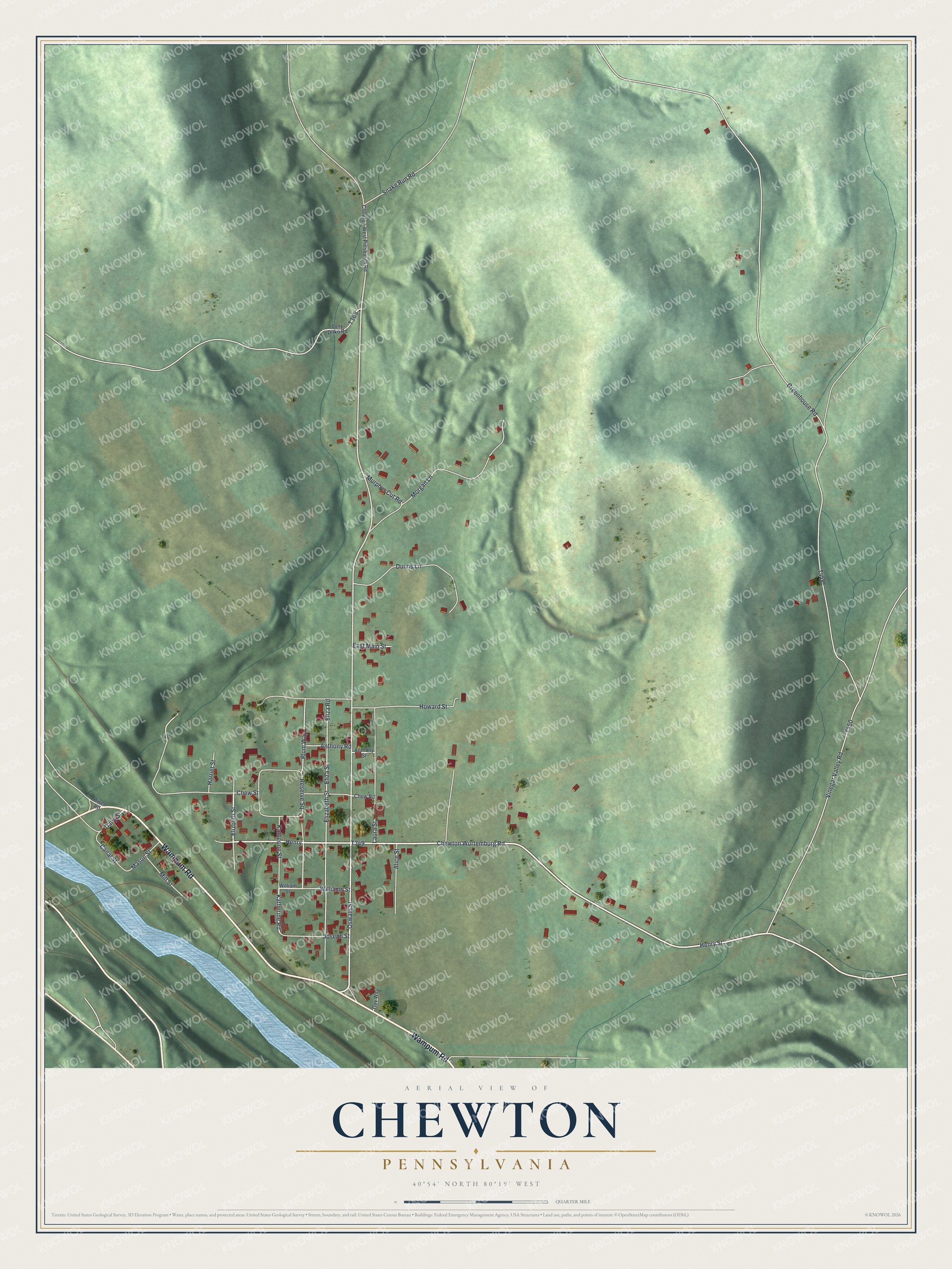 Full map of Chewton, Pennsylvania, with red buildings, printed street names and the land around them