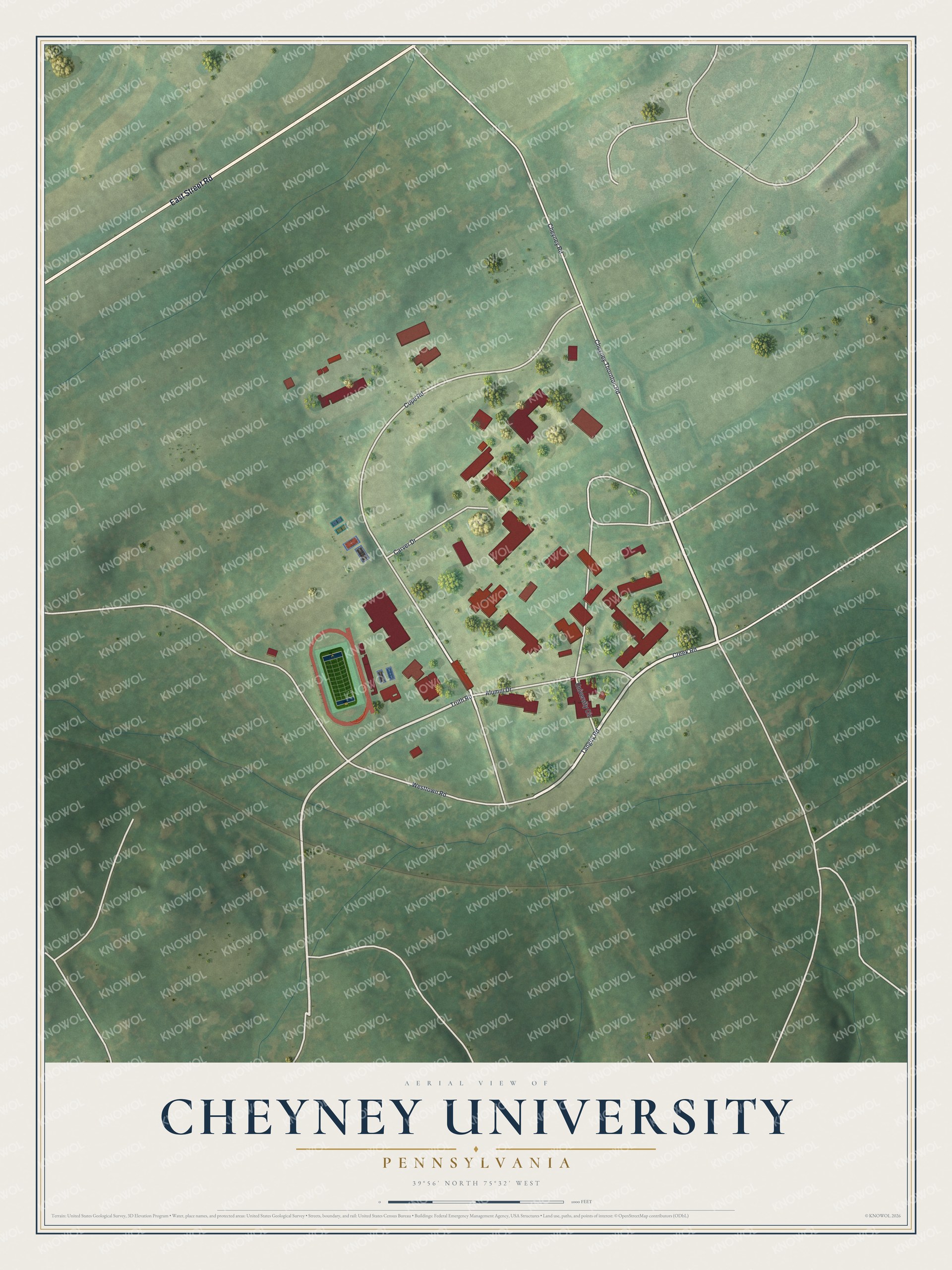 Full map of Cheyney University, Pennsylvania, with red buildings, printed street names and the land around them