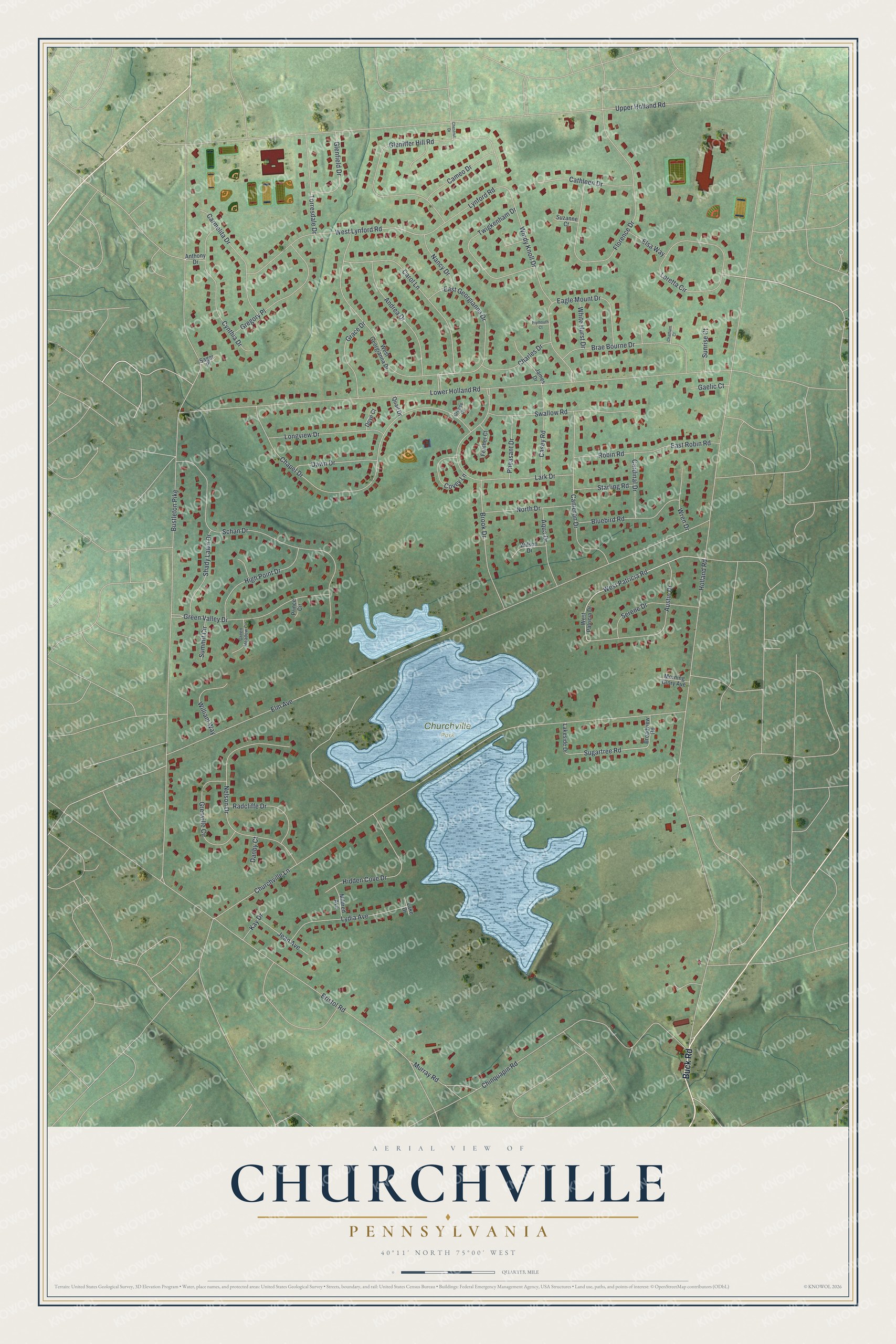 Full map of Churchville, Pennsylvania, with red buildings, printed street names and the land around them
