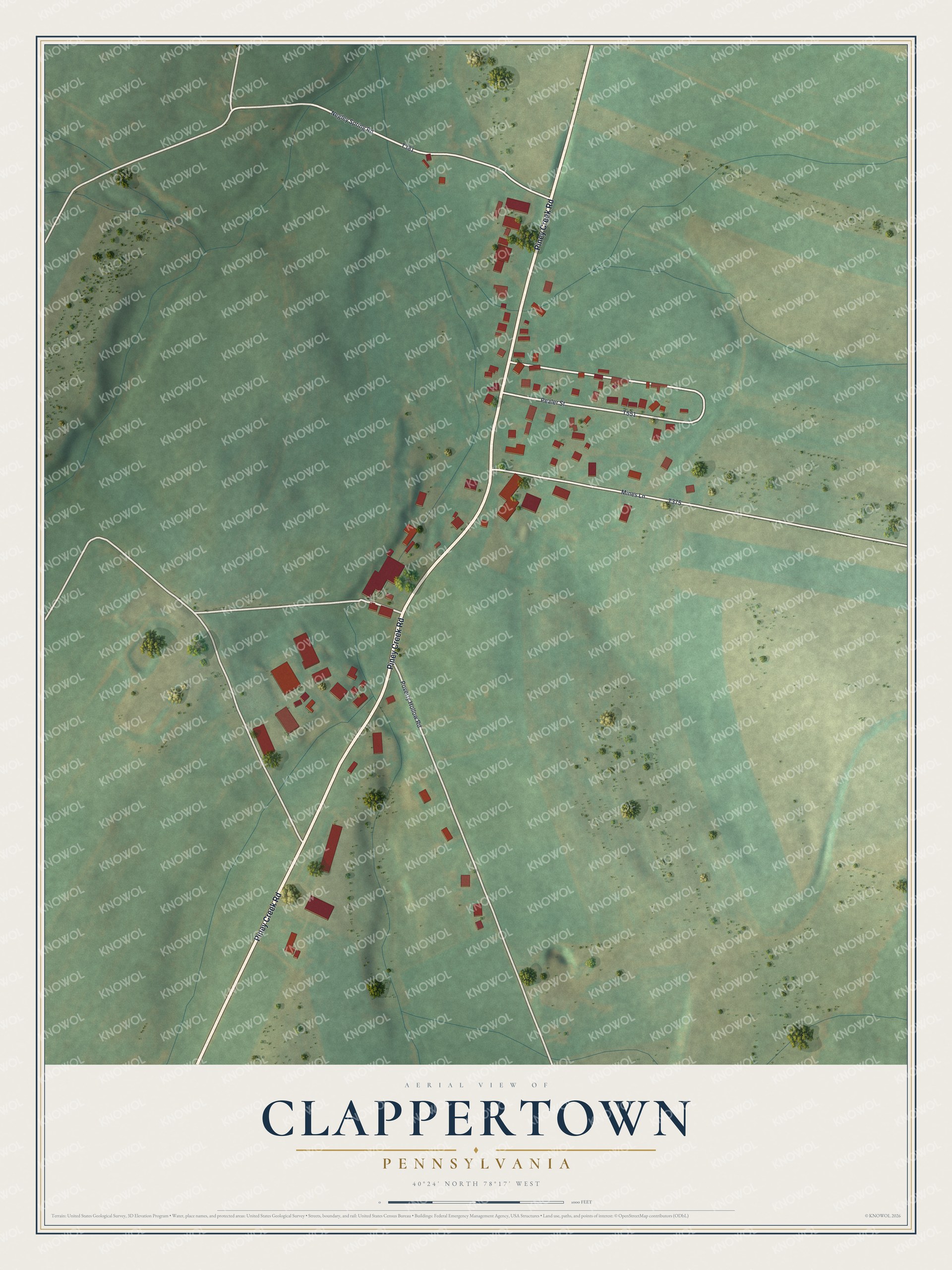 Full map of Clappertown, Pennsylvania, with red buildings, printed street names and the land around them
