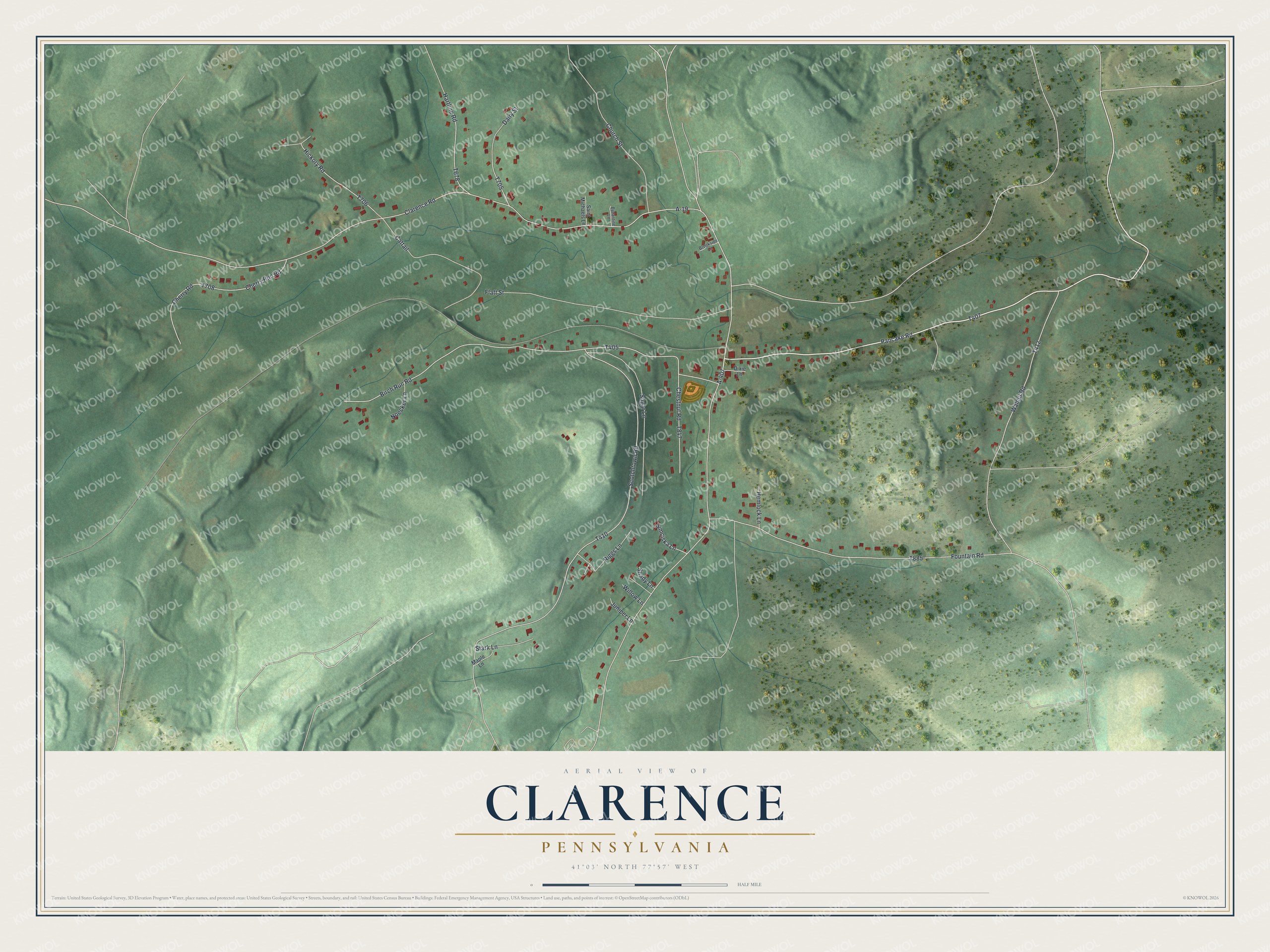 Full map of Clarence, Pennsylvania, with red buildings, printed street names and the land around them