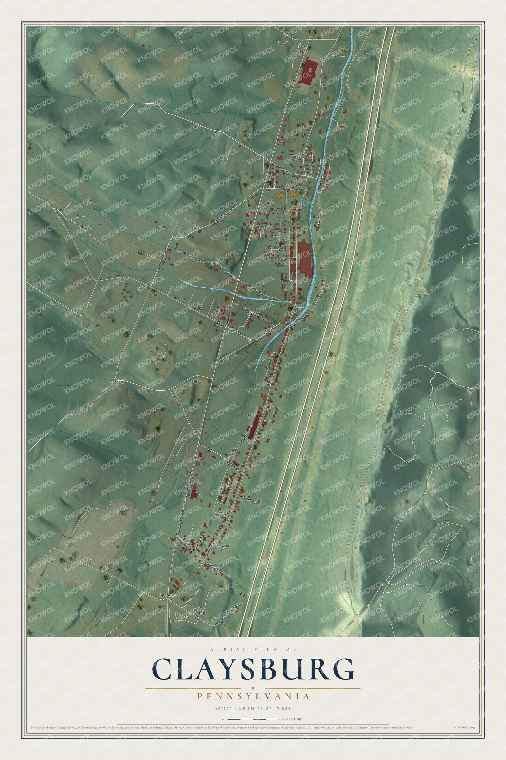 Full map of Claysburg, Pennsylvania, with red buildings, printed street names and the land around them