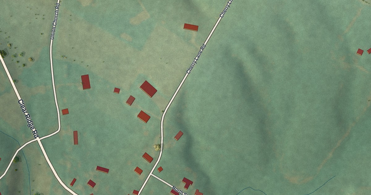Close-up of streets and buildings in Clearville, Pennsylvania