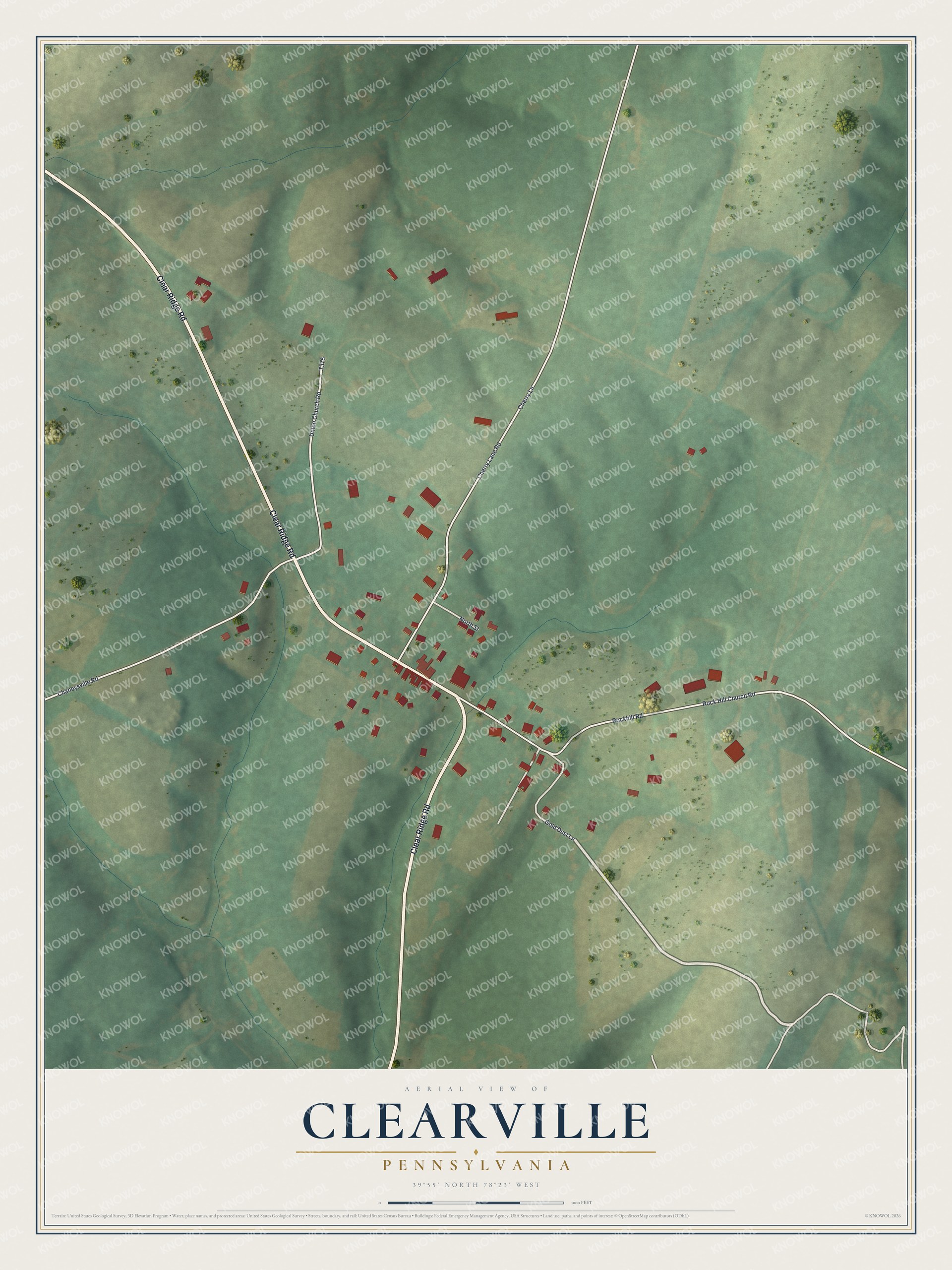 Full map of Clearville, Pennsylvania, with red buildings, printed street names and the land around them