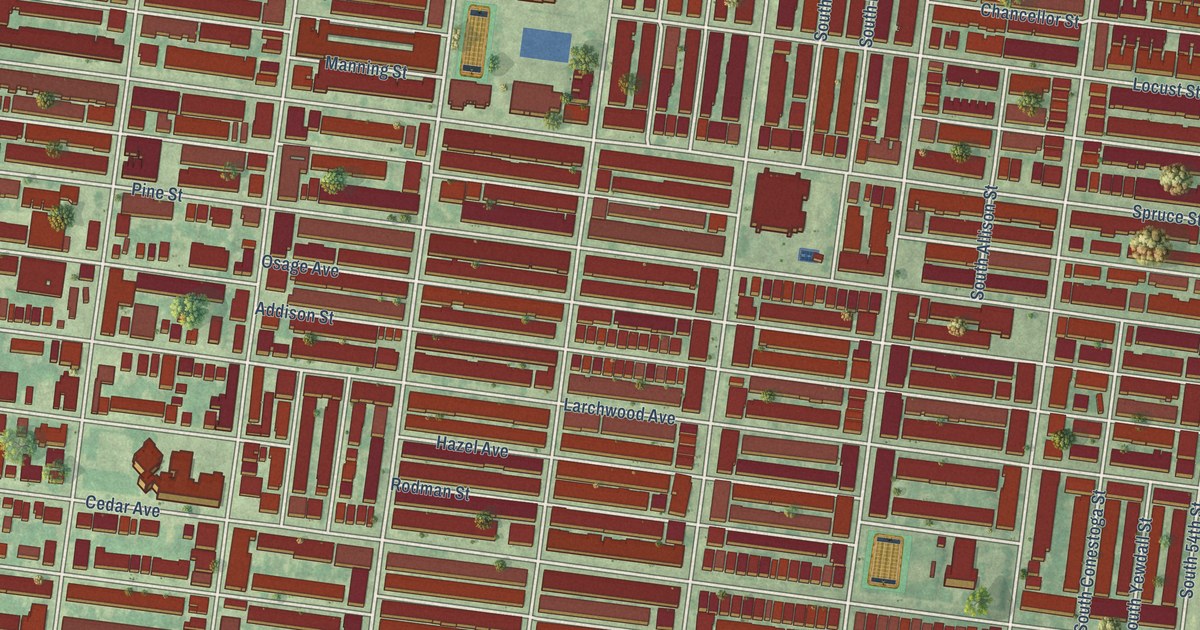Close-up of streets and buildings in Cobbs Creek, Pennsylvania