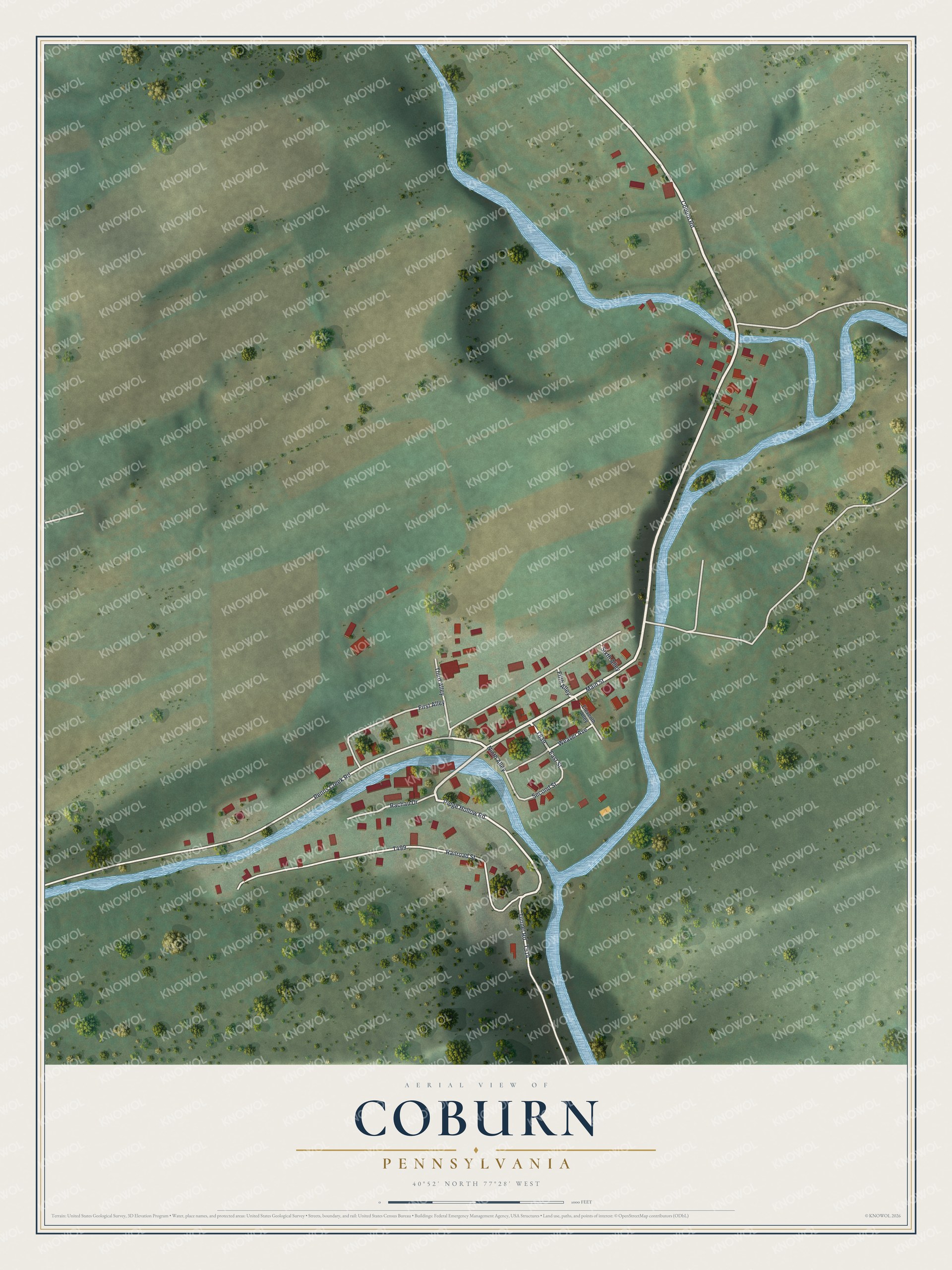 Full map of Coburn, Pennsylvania, with red buildings, printed street names and the land around them
