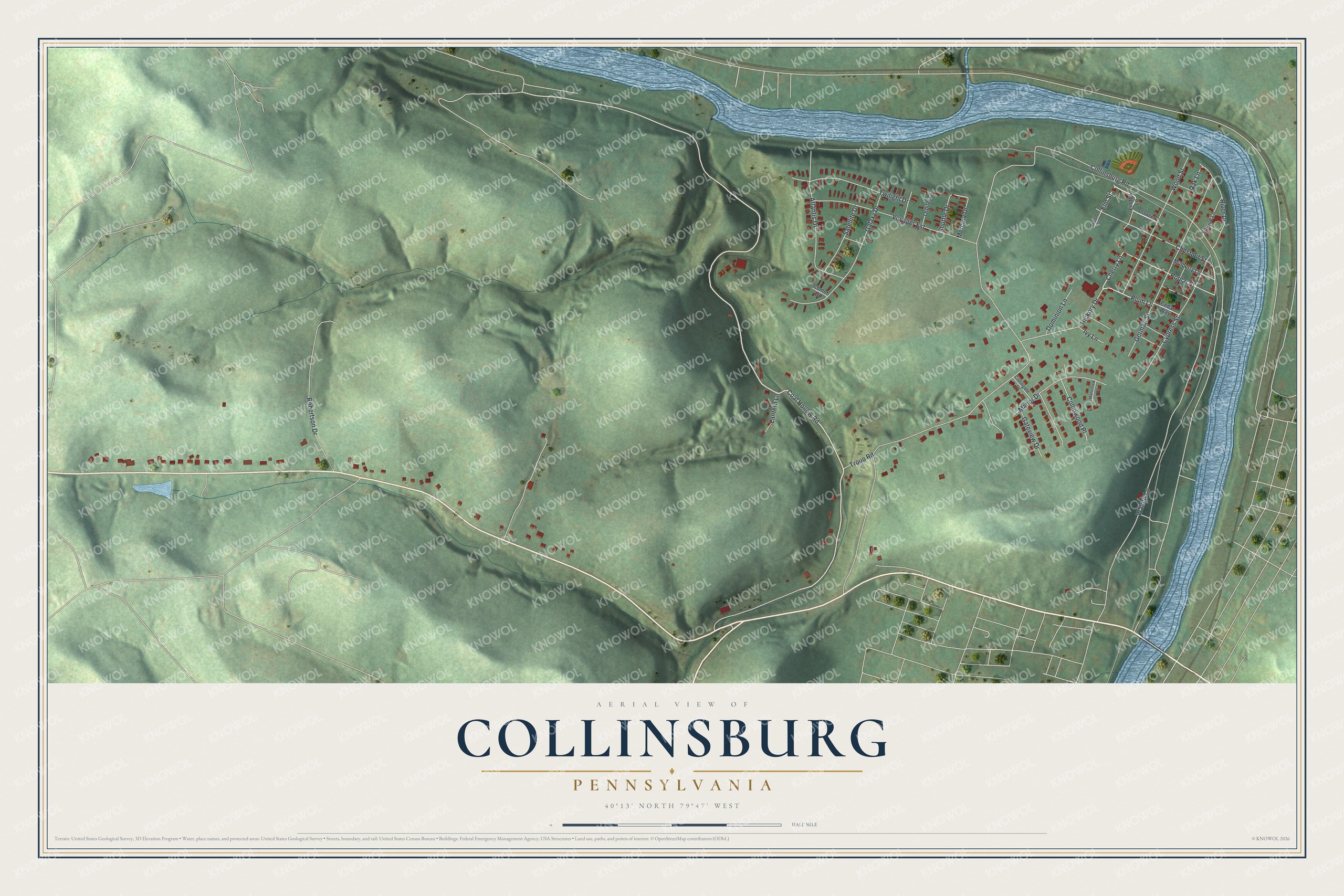 Full map of Collinsburg, Pennsylvania, with red buildings, printed street names and the land around them