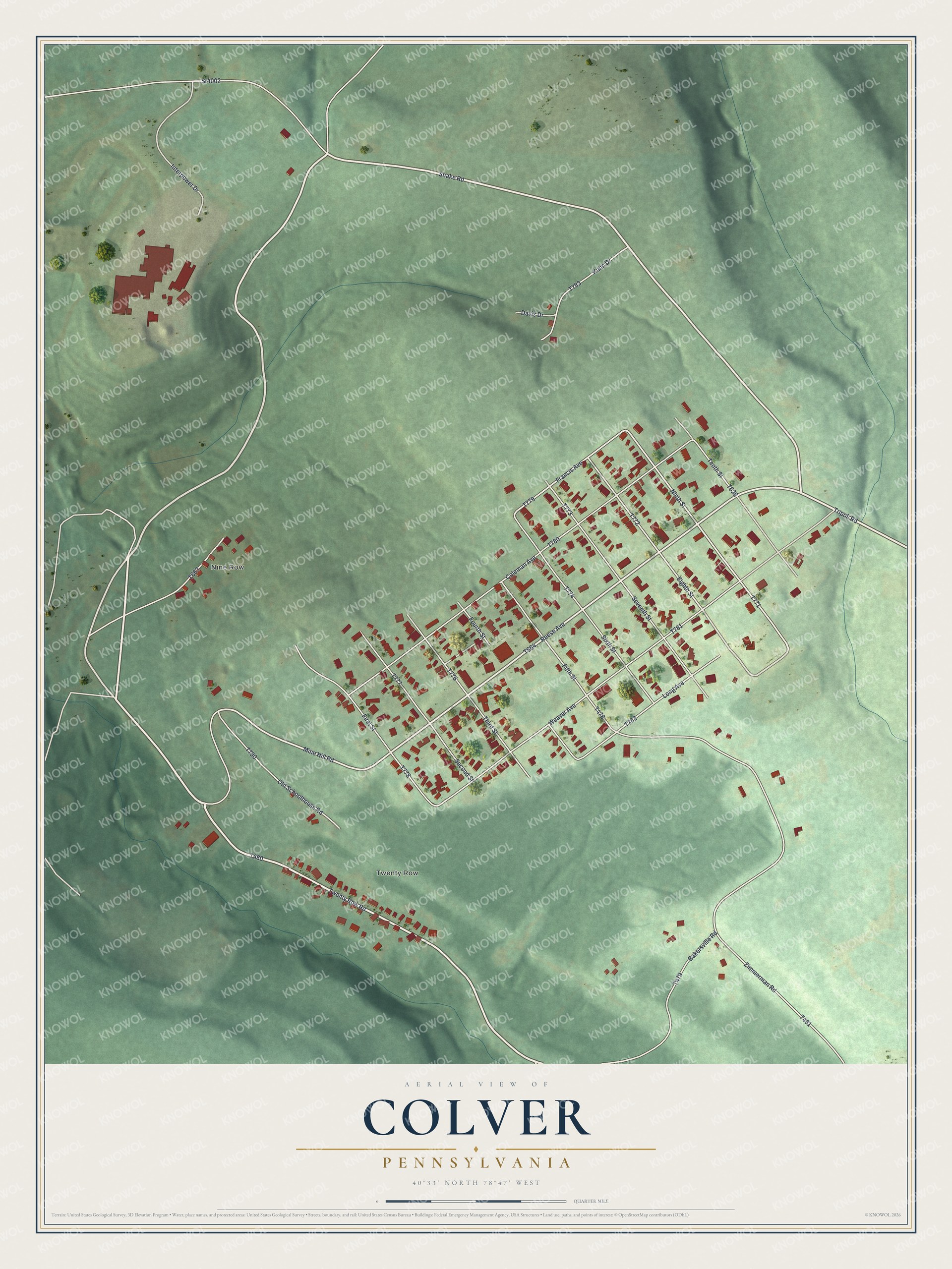 Full map of Colver, Pennsylvania, with red buildings, printed street names and the land around them
