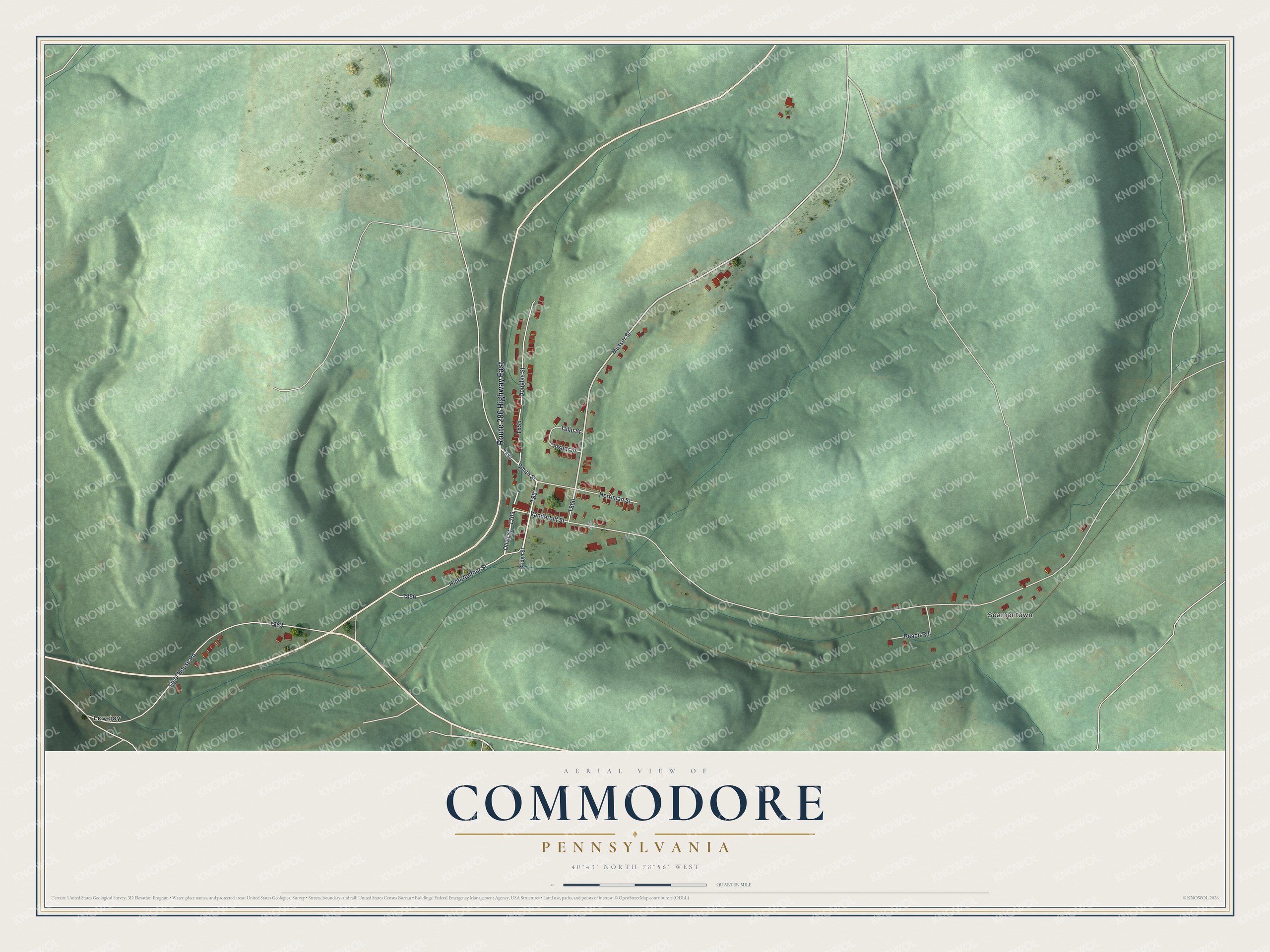 Full map of Commodore, Pennsylvania, with red buildings, printed street names and the land around them