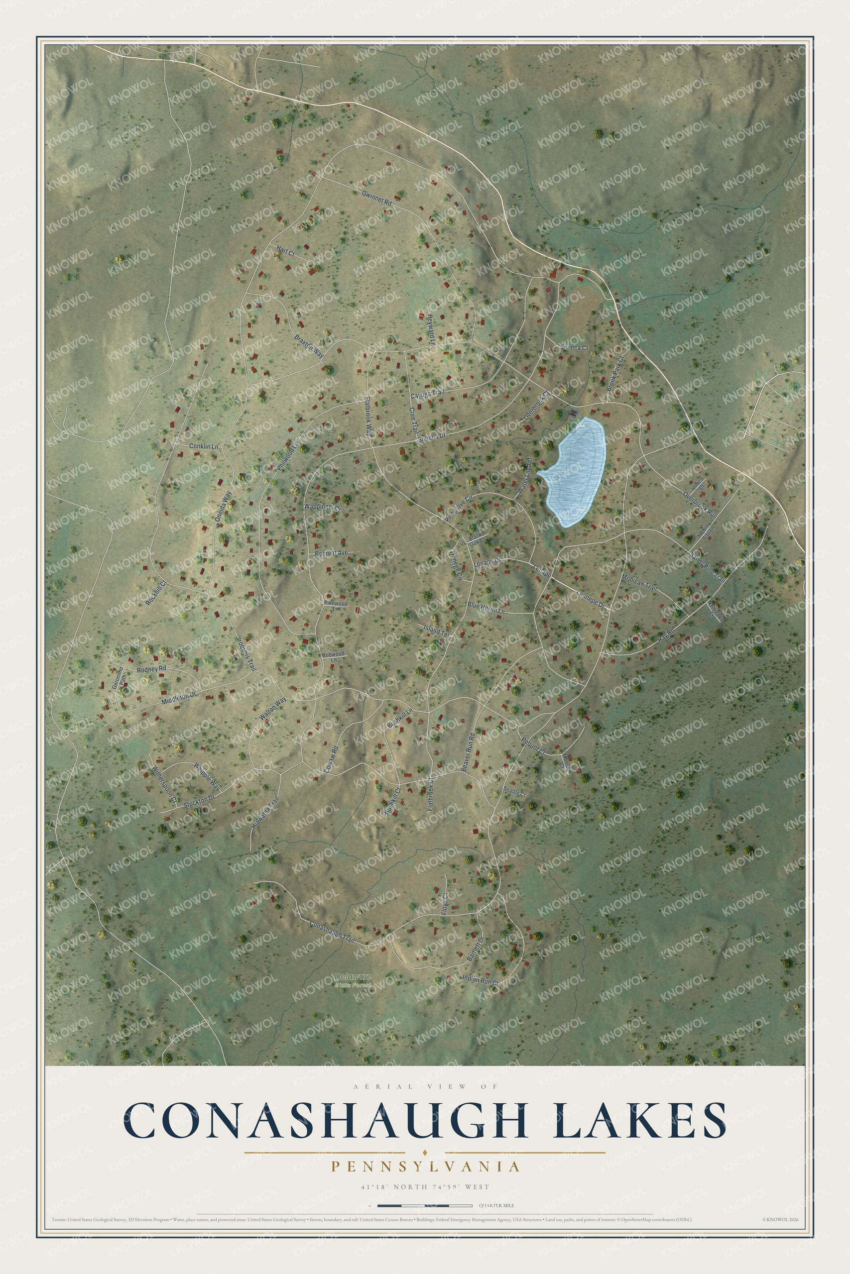 Full map of Conashaugh Lakes, Pennsylvania, with red buildings, printed street names and the land around them