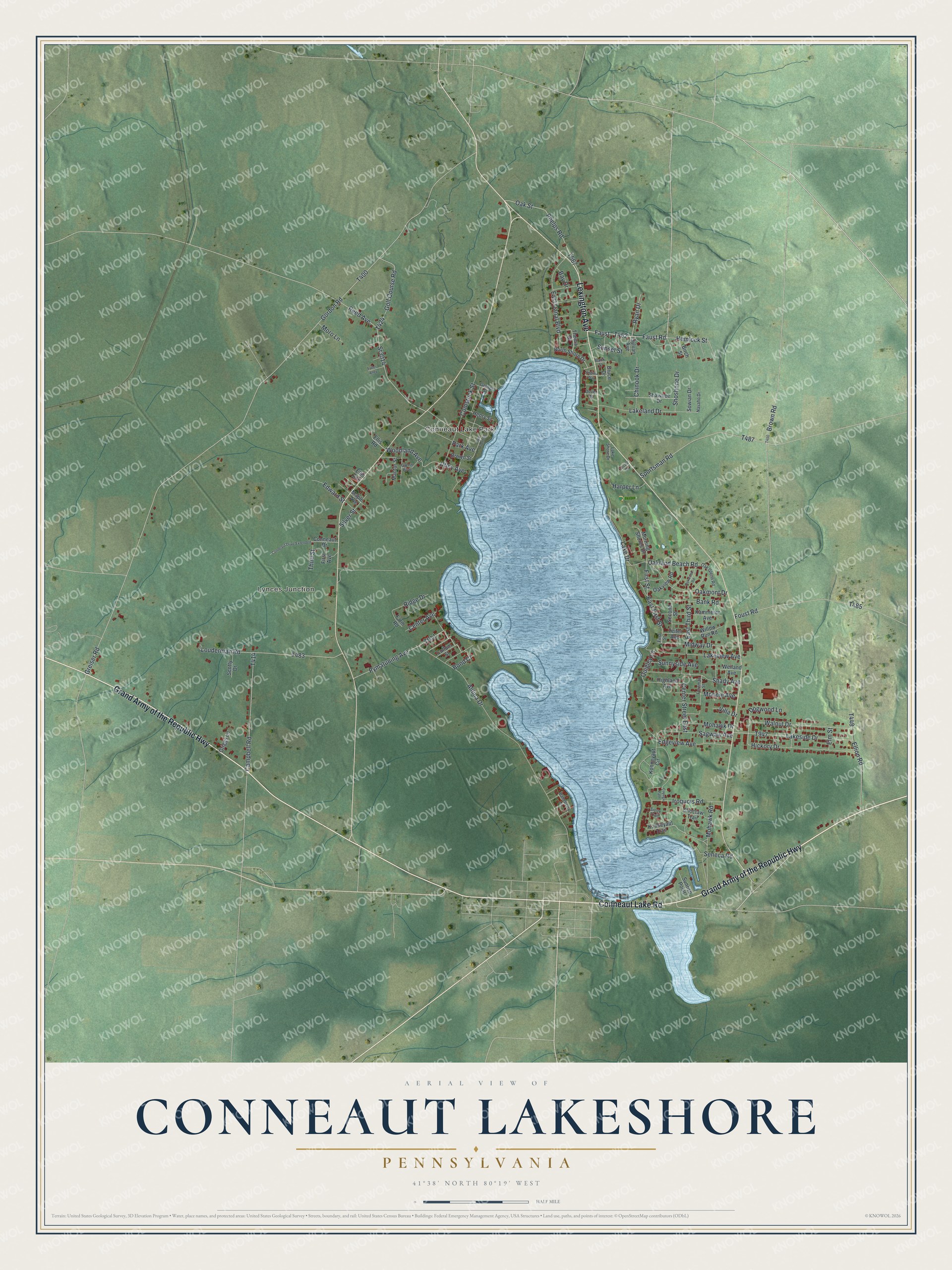 Full map of Conneaut Lakeshore, Pennsylvania, with red buildings, printed street names and the land around them