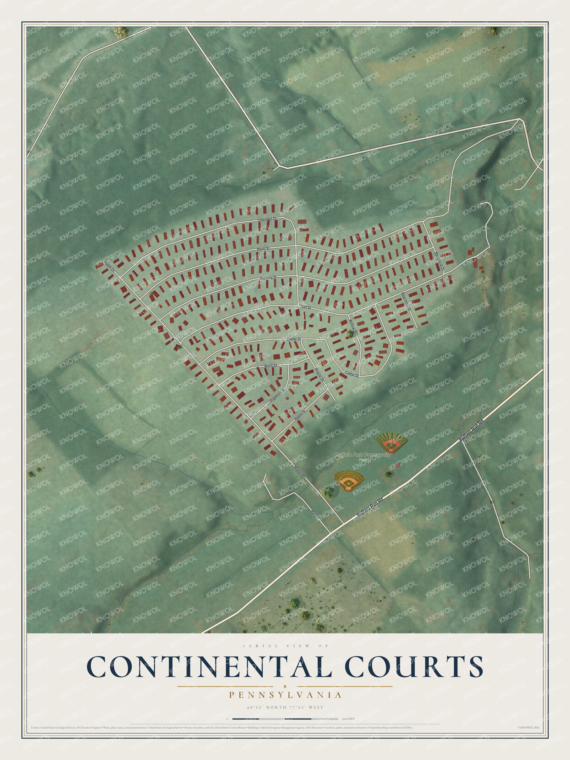 Full map of Continental Courts, Pennsylvania, with red buildings, printed street names and the land around them
