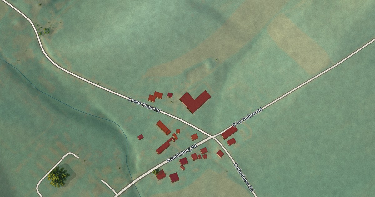 Close-up of streets and buildings in Cotton Town, Pennsylvania