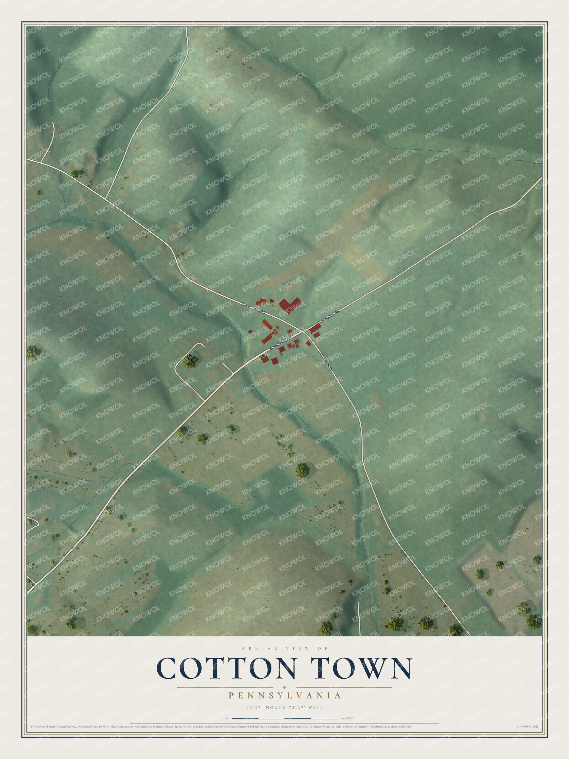 Full map of Cotton Town, Pennsylvania, with red buildings, printed street names and the land around them