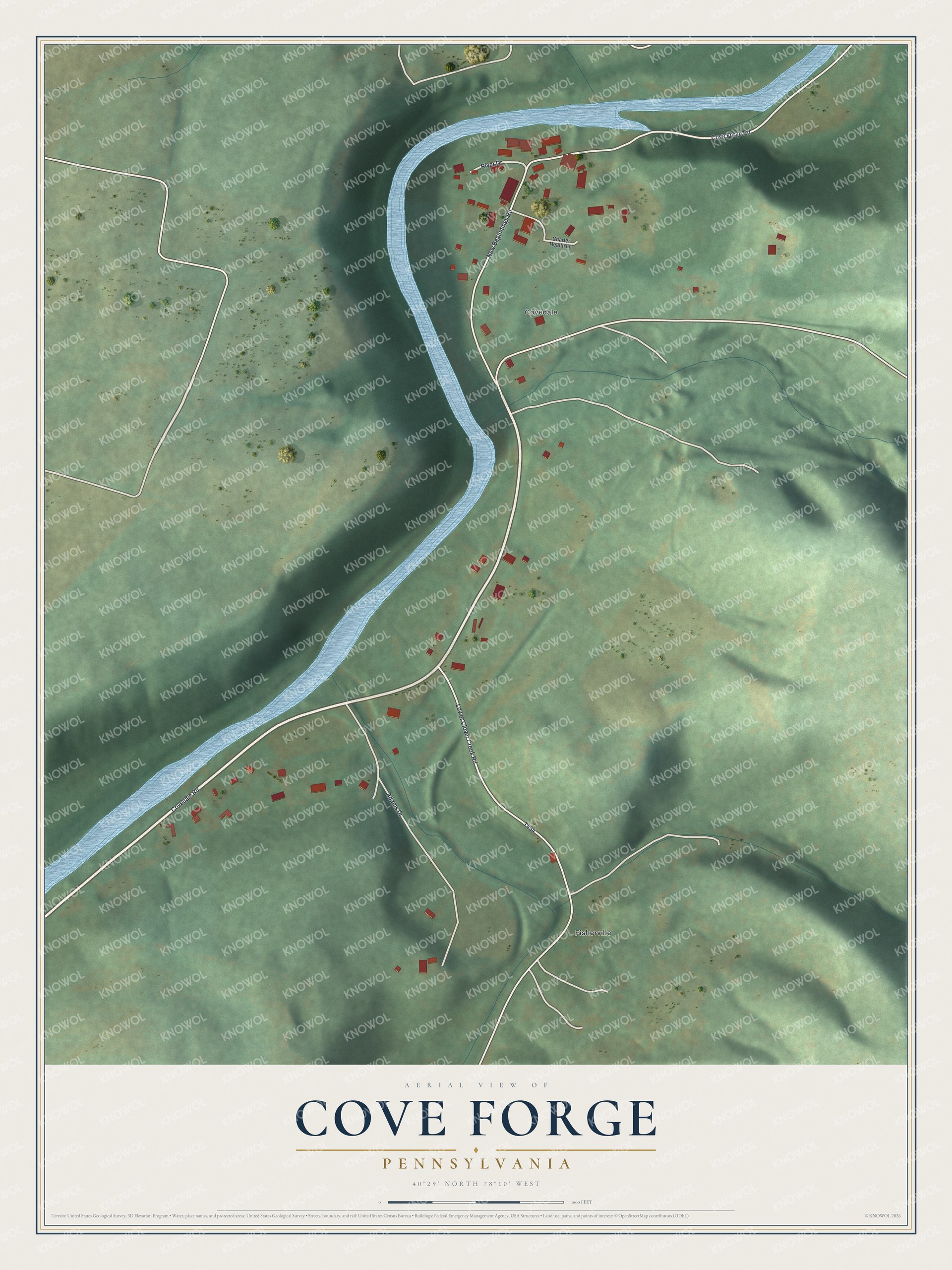 Full map of Cove Forge, Pennsylvania, with red buildings, printed street names and the land around them