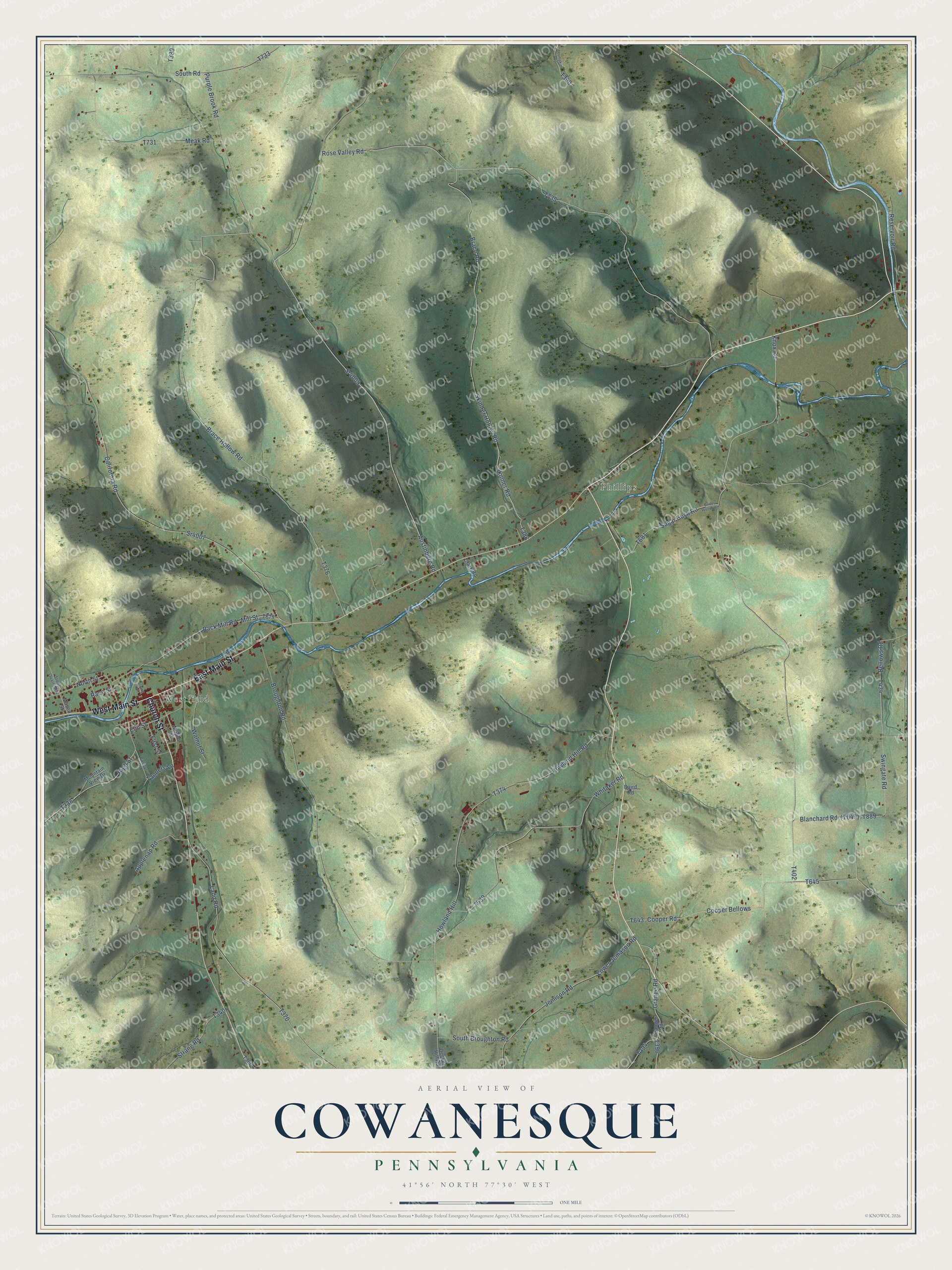 Full map of Cowanesque, Pennsylvania, with red buildings, printed street names and the land around them