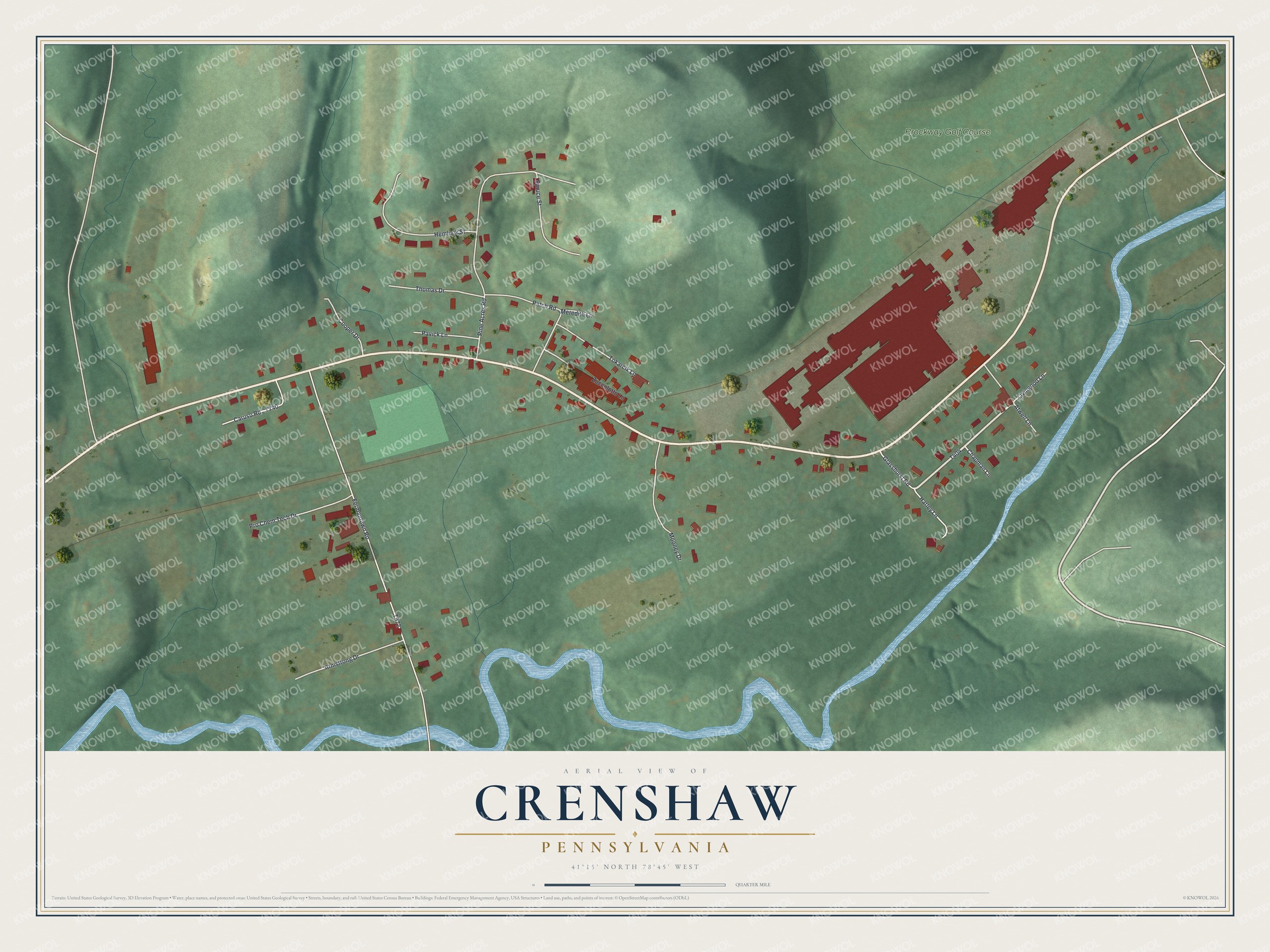 Full map of Crenshaw, Pennsylvania, with red buildings, printed street names and the land around them