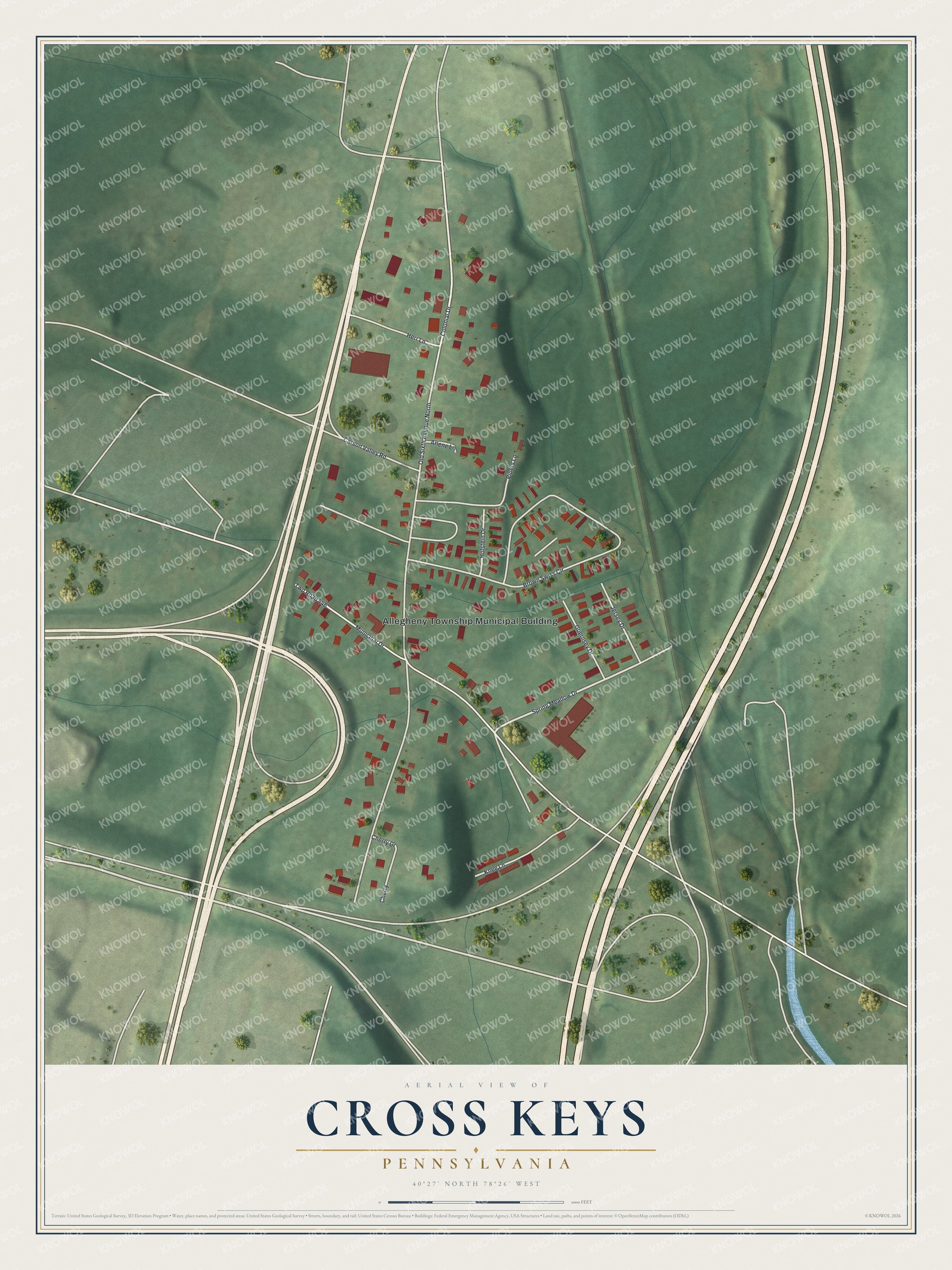Full map of Cross Keys, Pennsylvania, with red buildings, printed street names and the land around them