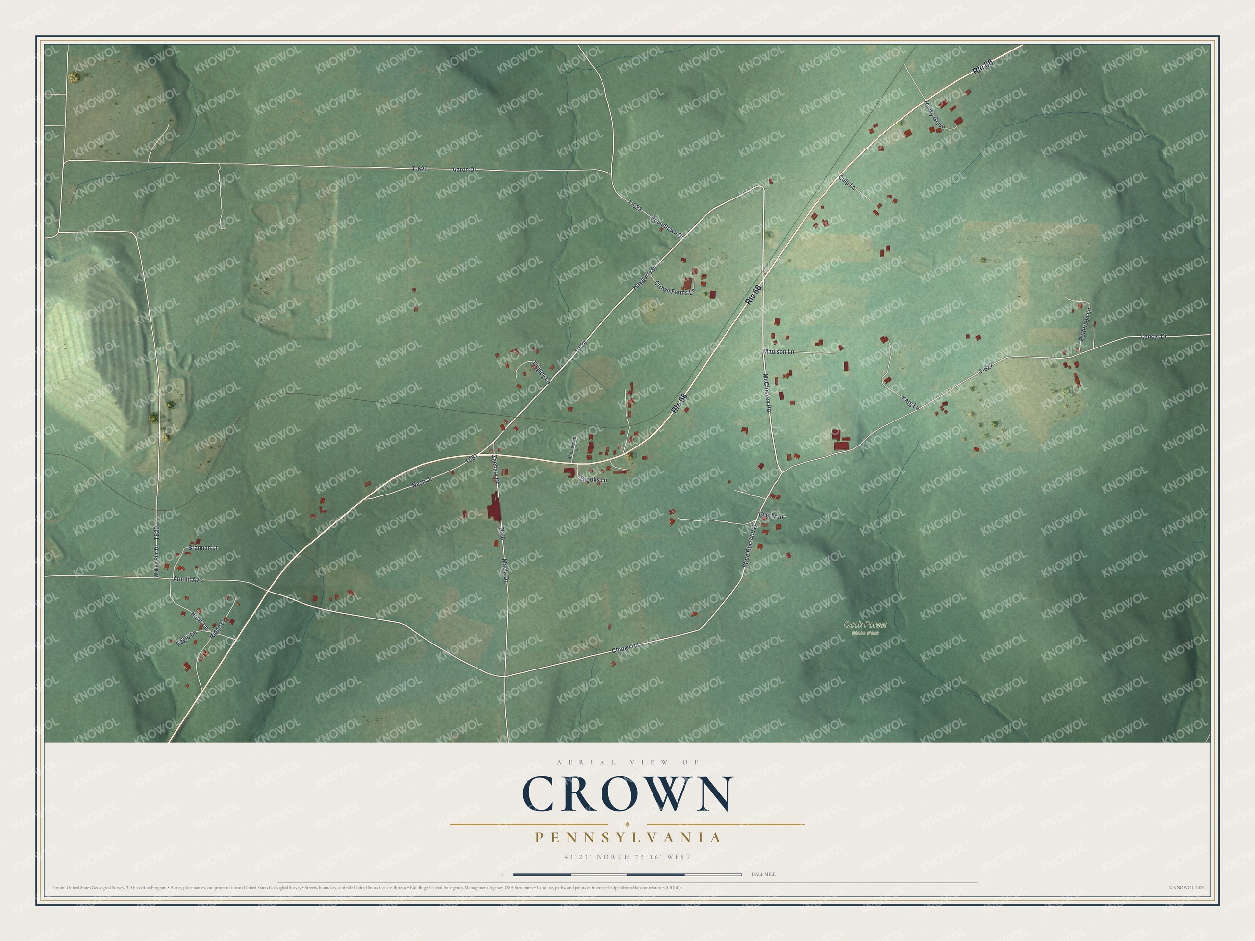 Full map of Crown, Pennsylvania, with red buildings, printed street names and the land around them