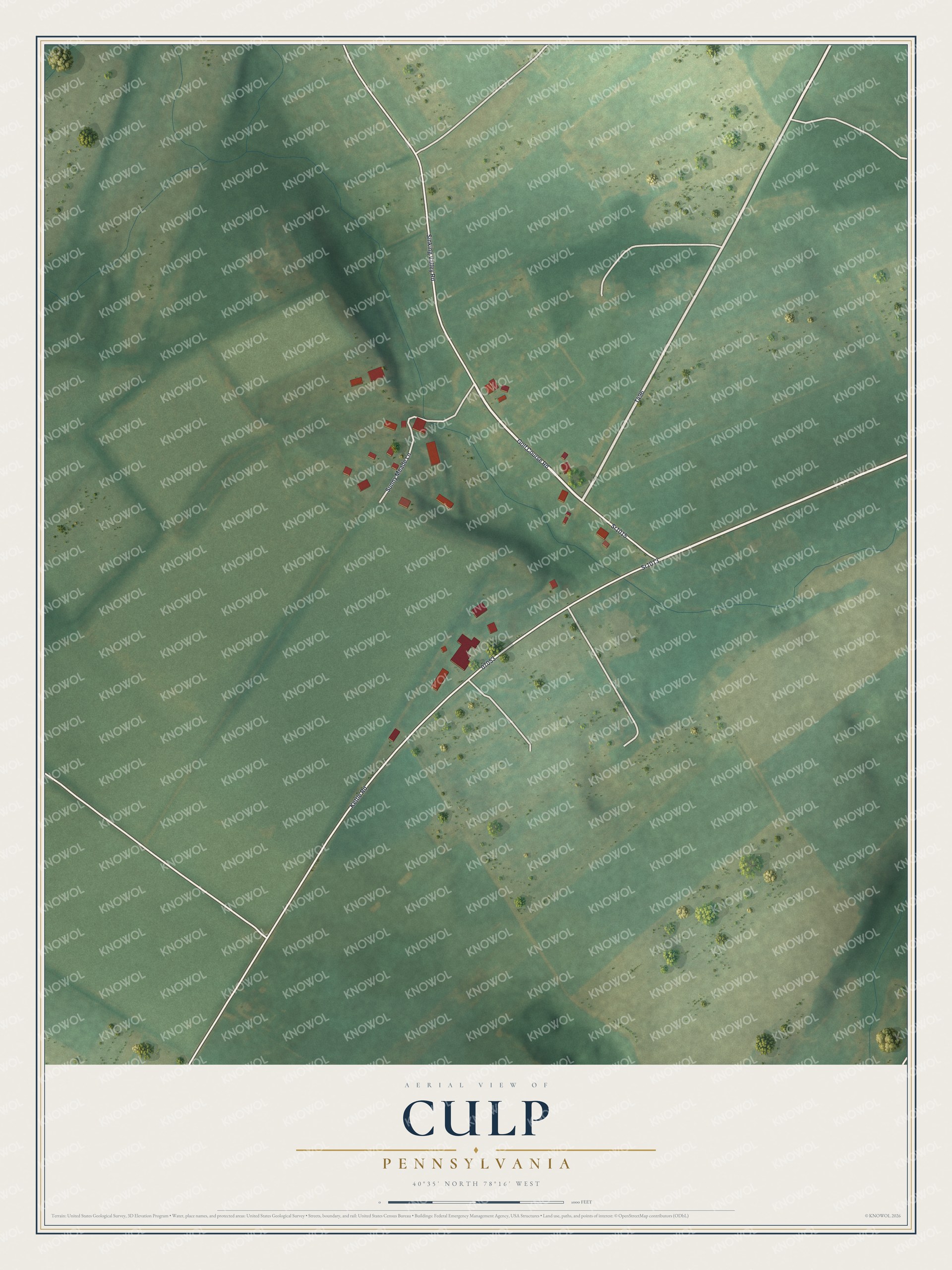 Full map of Culp, Pennsylvania, with red buildings, printed street names and the land around them