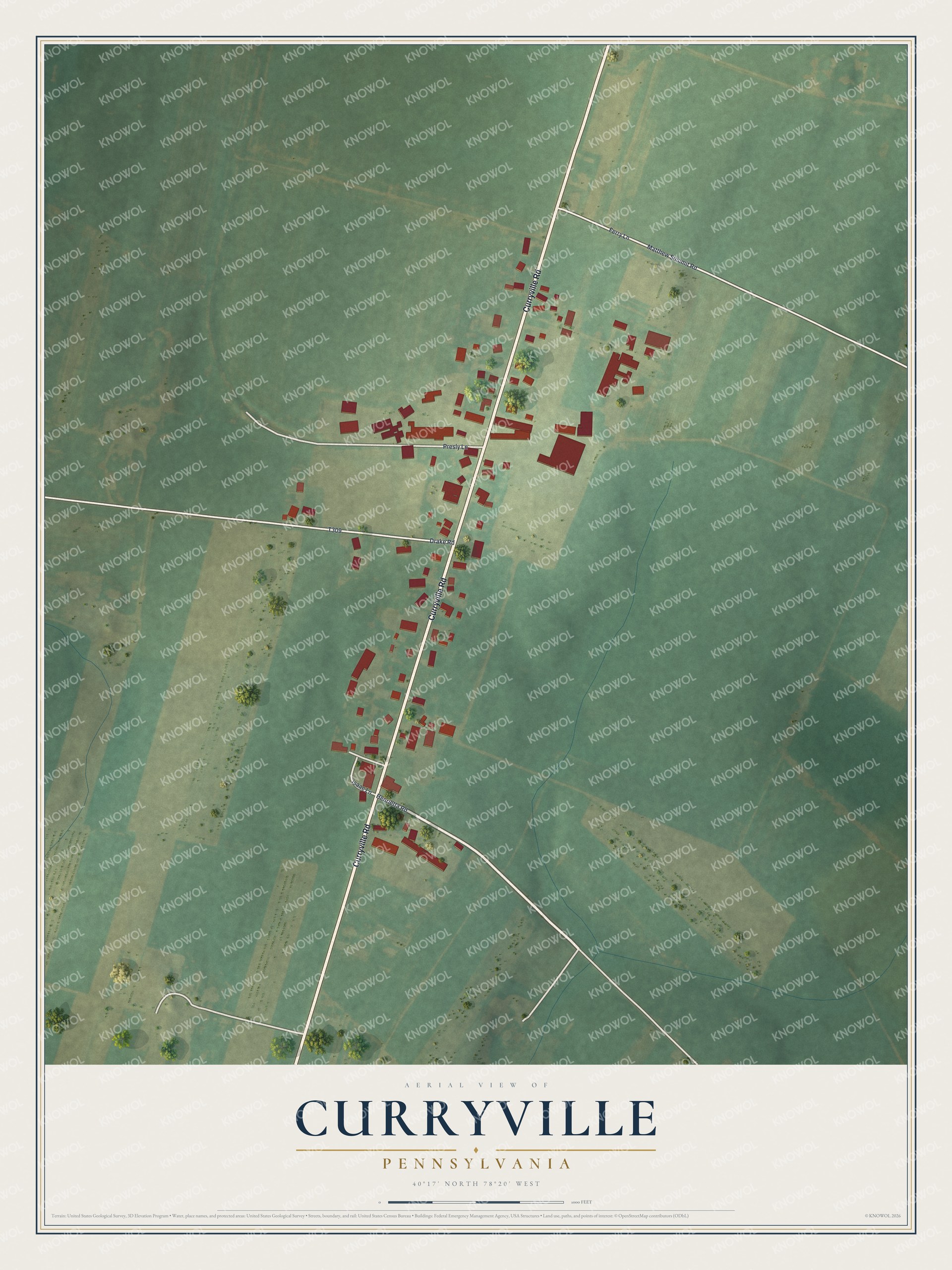 Full map of Curryville, Pennsylvania, with red buildings, printed street names and the land around them