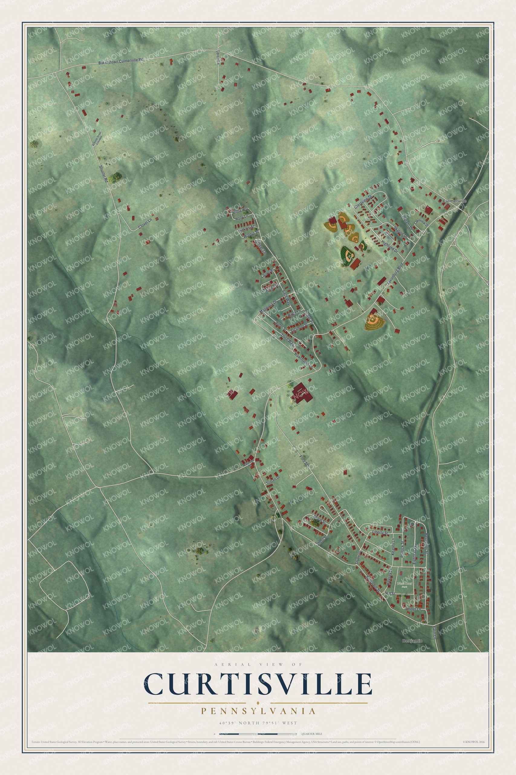 Full map of Curtisville, Pennsylvania, with red buildings, printed street names and the land around them