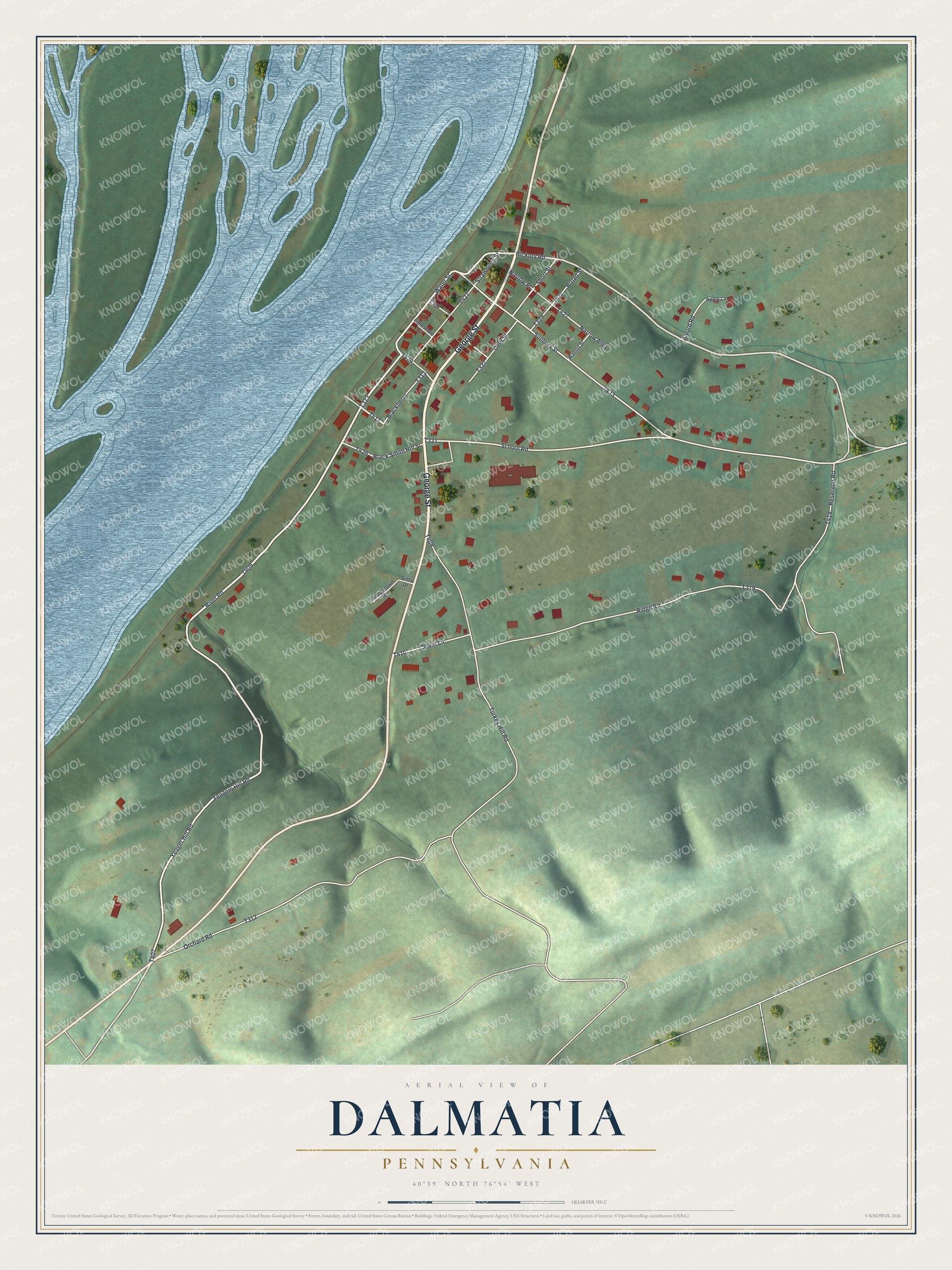 Full map of Dalmatia, Pennsylvania, with red buildings, printed street names and the land around them