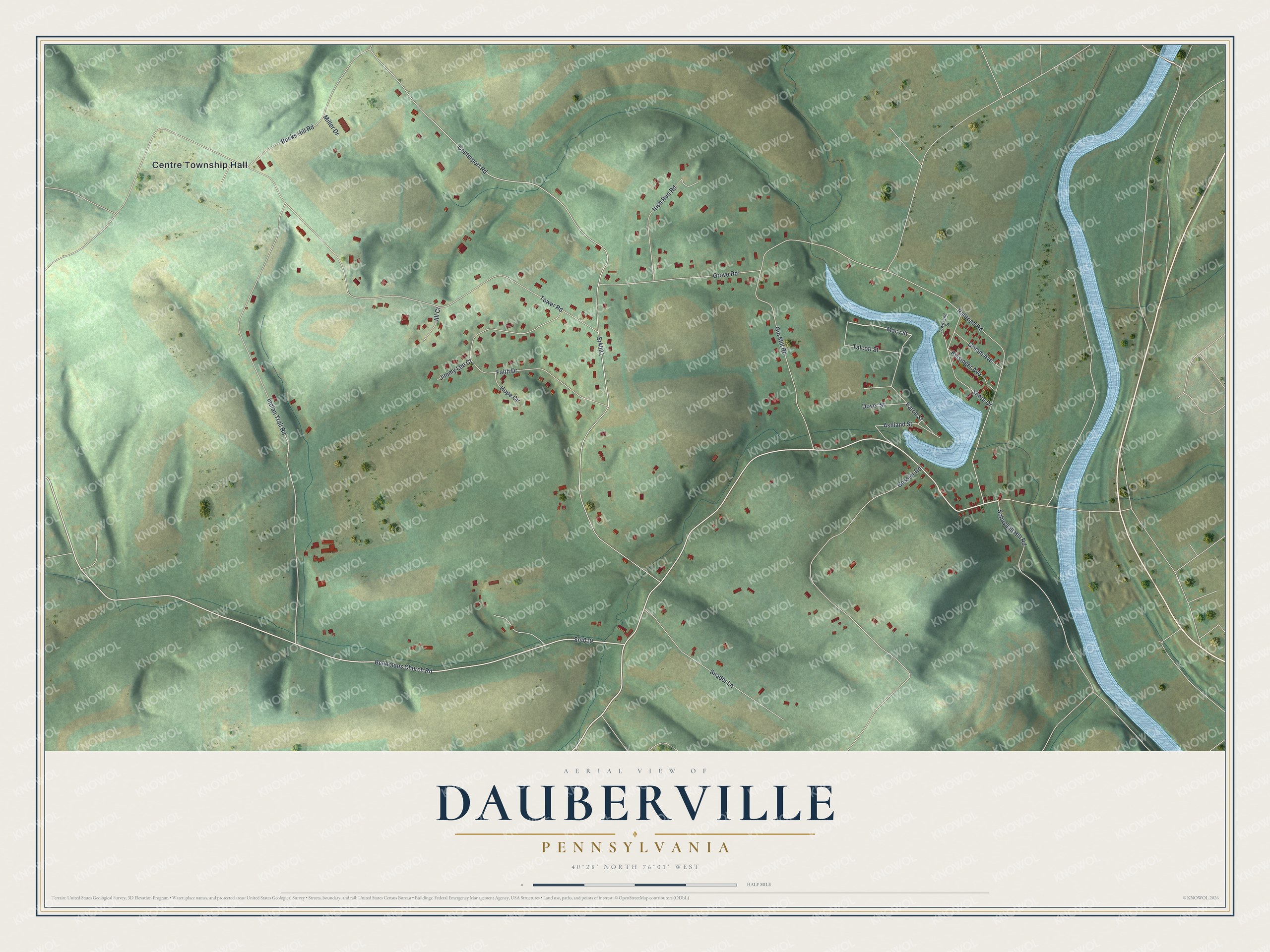 Full map of Dauberville, Pennsylvania, with red buildings, printed street names and the land around them