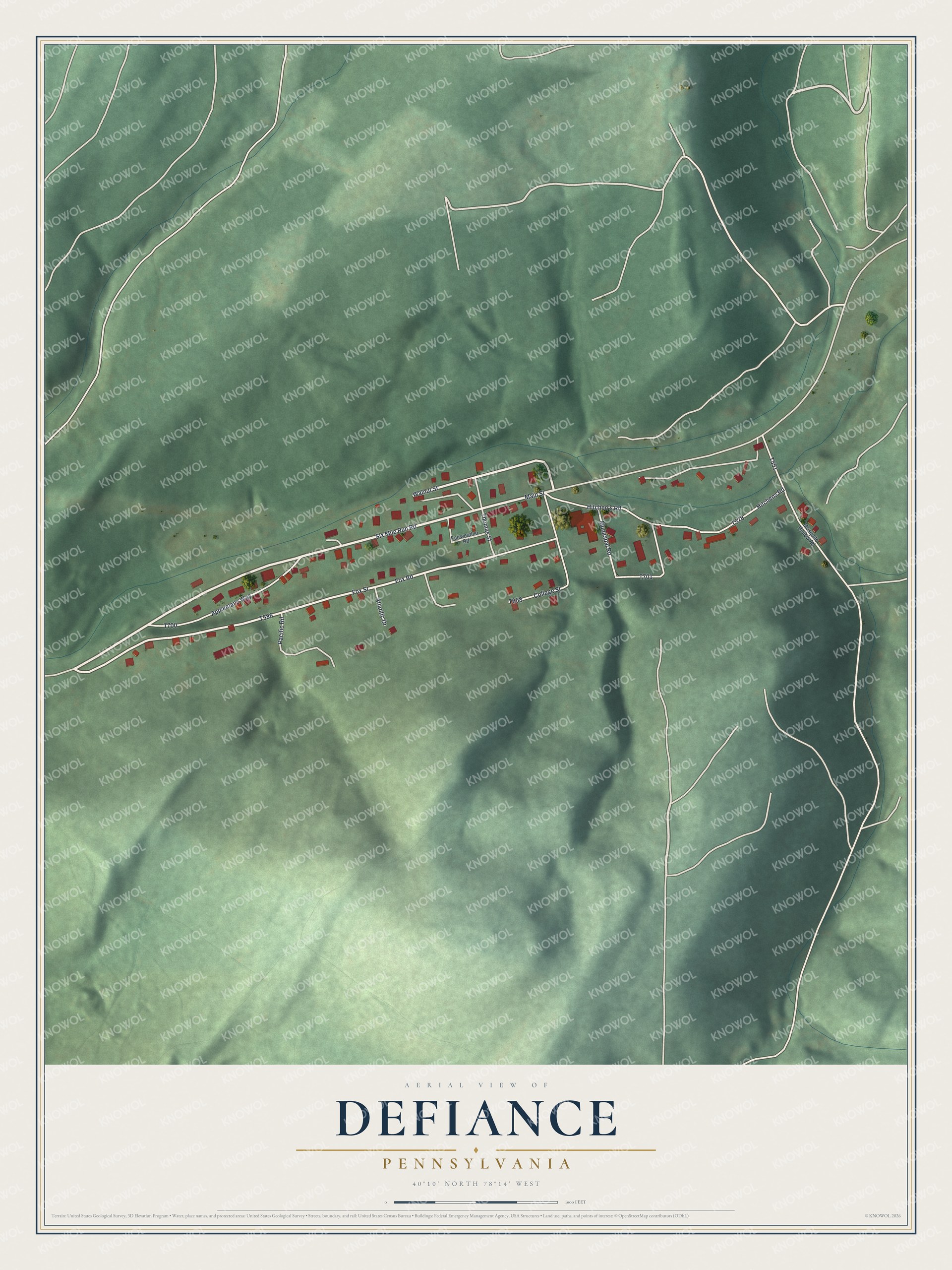 Full map of Defiance, Pennsylvania, with red buildings, printed street names and the land around them