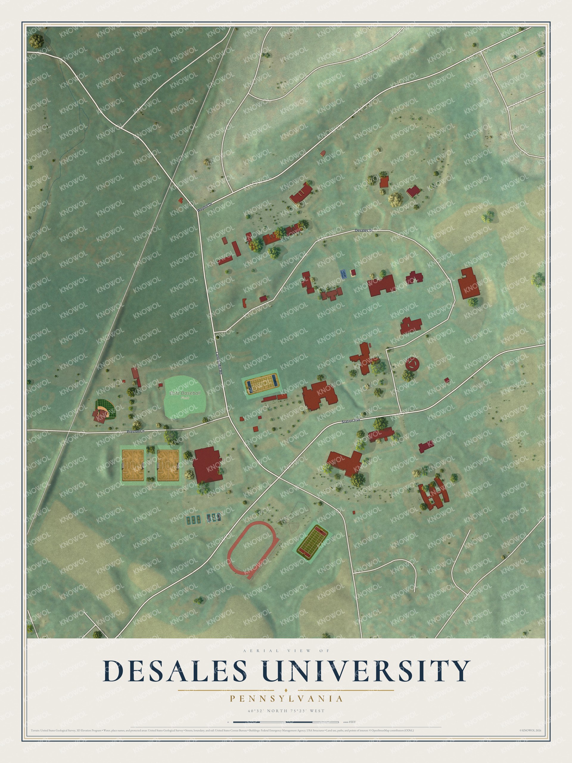 Full map of DeSales University, Pennsylvania, with red buildings, printed street names and the land around them