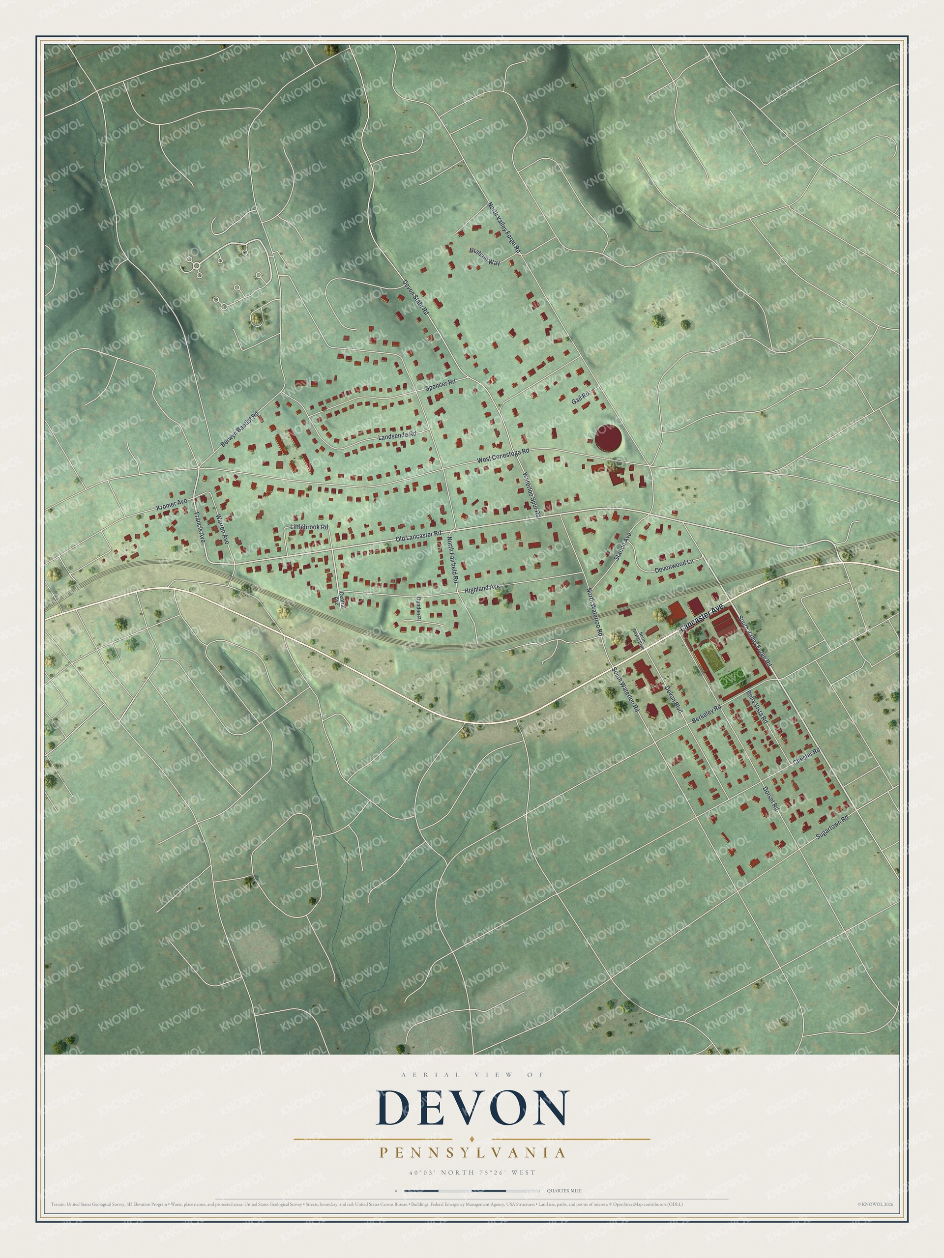 Full map of Devon, Pennsylvania, with red buildings, printed street names and the land around them