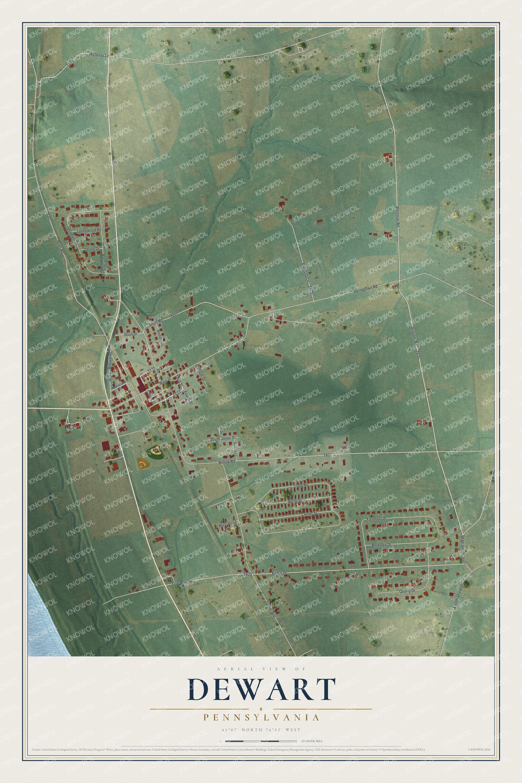 Full map of Dewart, Pennsylvania, with red buildings, printed street names and the land around them