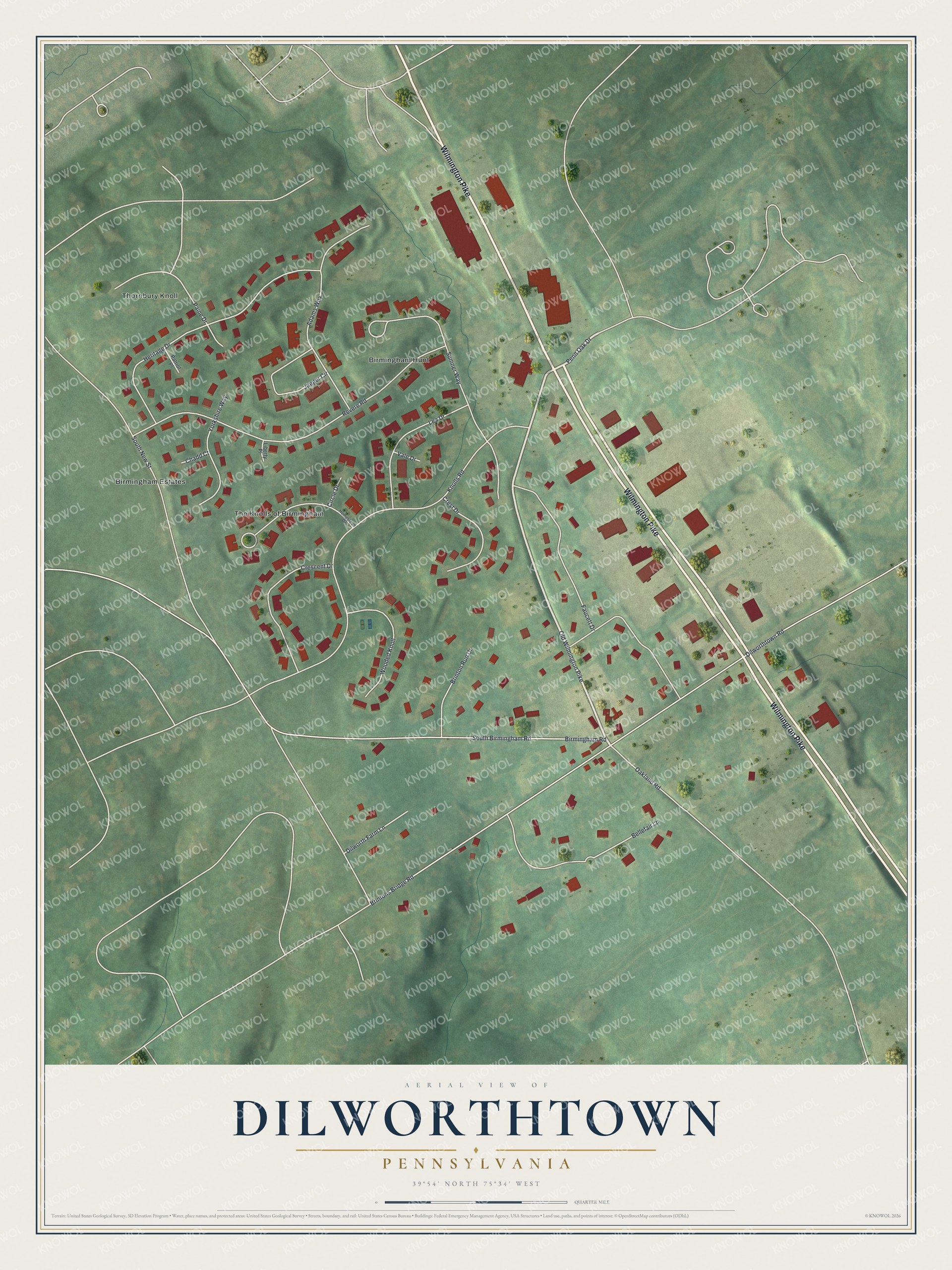 Full map of Dilworthtown, Pennsylvania, with red buildings, printed street names and the land around them