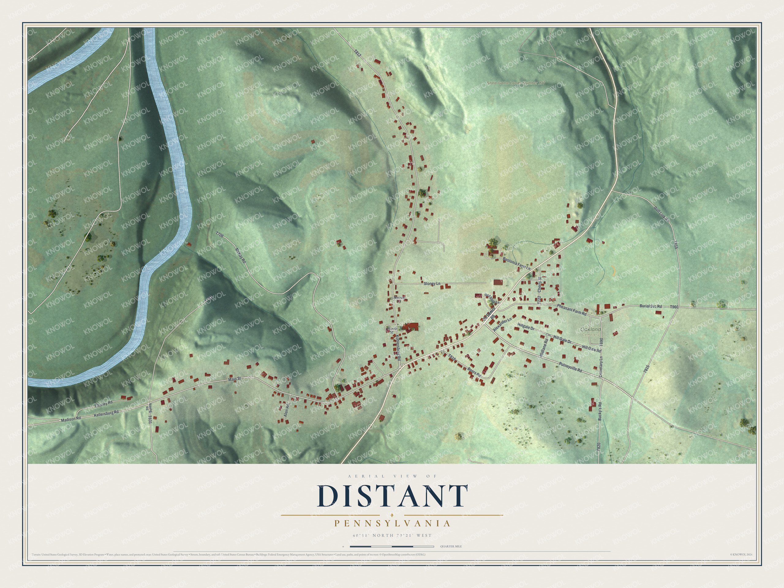 Full map of Distant, Pennsylvania, with red buildings, printed street names and the land around them